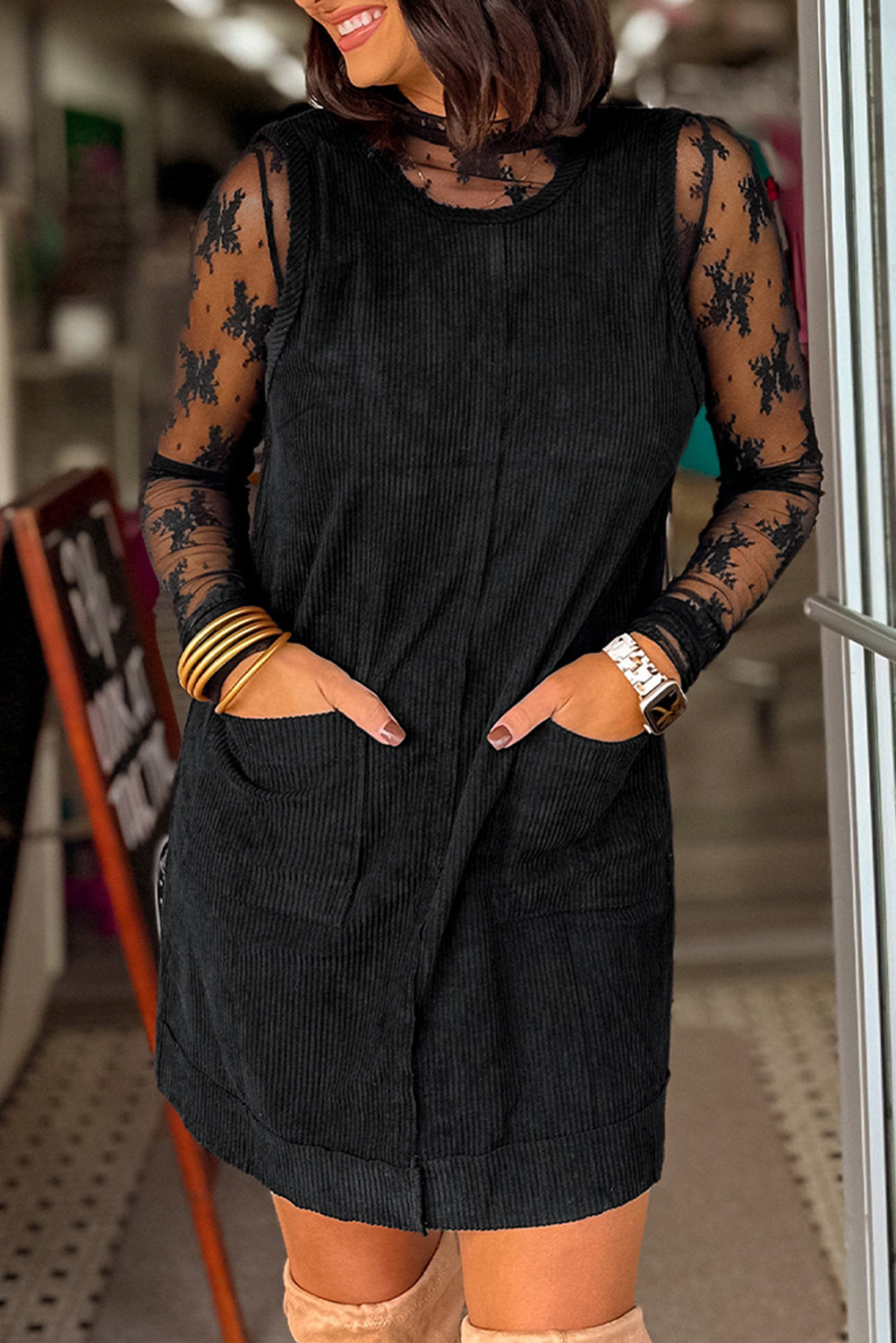 Black Corduroy Sleeveless Mini Dress With Patched Pockets-TOPS / DRESSES-[Adult]-[Female]-2022 Online Blue Zone Planet