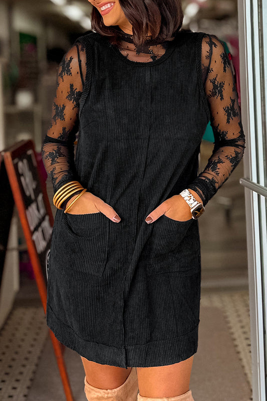 Black Corduroy Sleeveless Mini Dress With Patched Pockets-TOPS / DRESSES-[Adult]-[Female]-2022 Online Blue Zone Planet