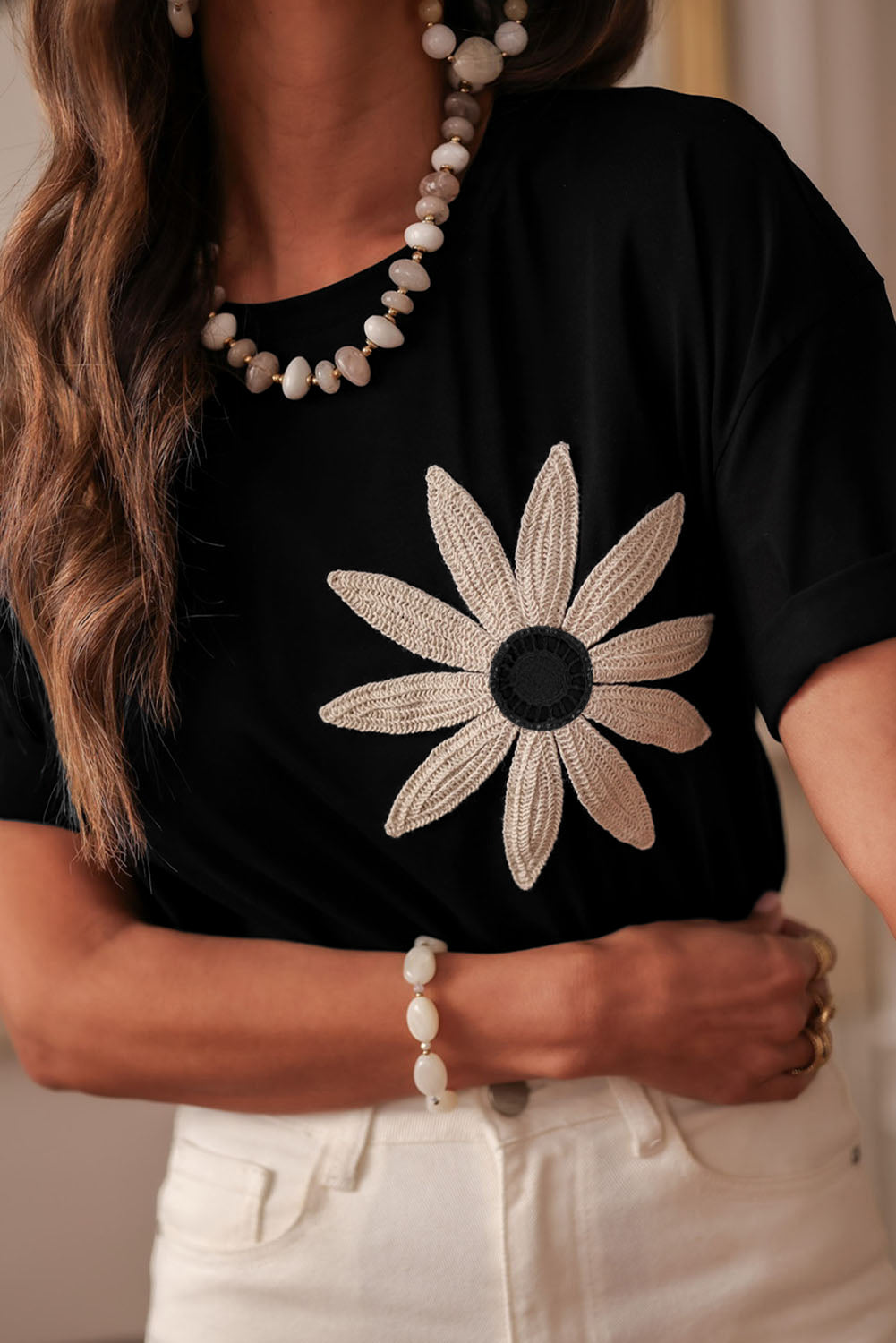 Black Contrast Crochet Floral Graphic Drop Shoulder Loose Tee-Tops/Tops & Tees-[Adult]-[Female]-2022 Online Blue Zone Planet