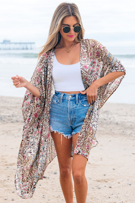 Apricot Floral Print Short Wide Sleeve Open Front Loose Kimono-Outerwear/Kimonos-[Adult]-[Female]-Apricot-ONE SIZE-2022 Online Blue Zone Planet
