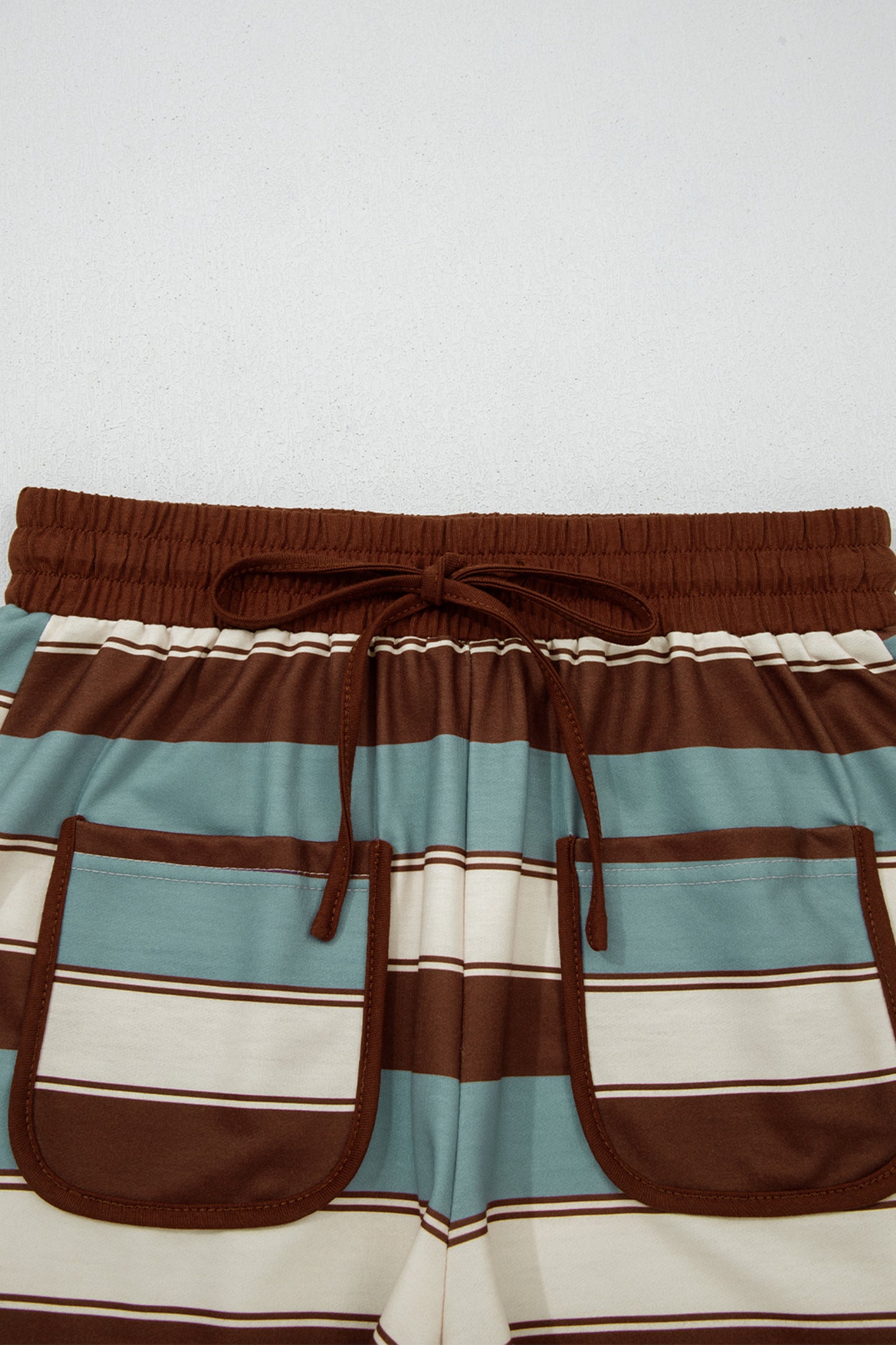 White Stripe Button Polo Collar Tee Drawstring Elastic Waist Patchwork 2pcs Short Set-Two Piece Sets/Short Sets-[Adult]-[Female]-2022 Online Blue Zone Planet