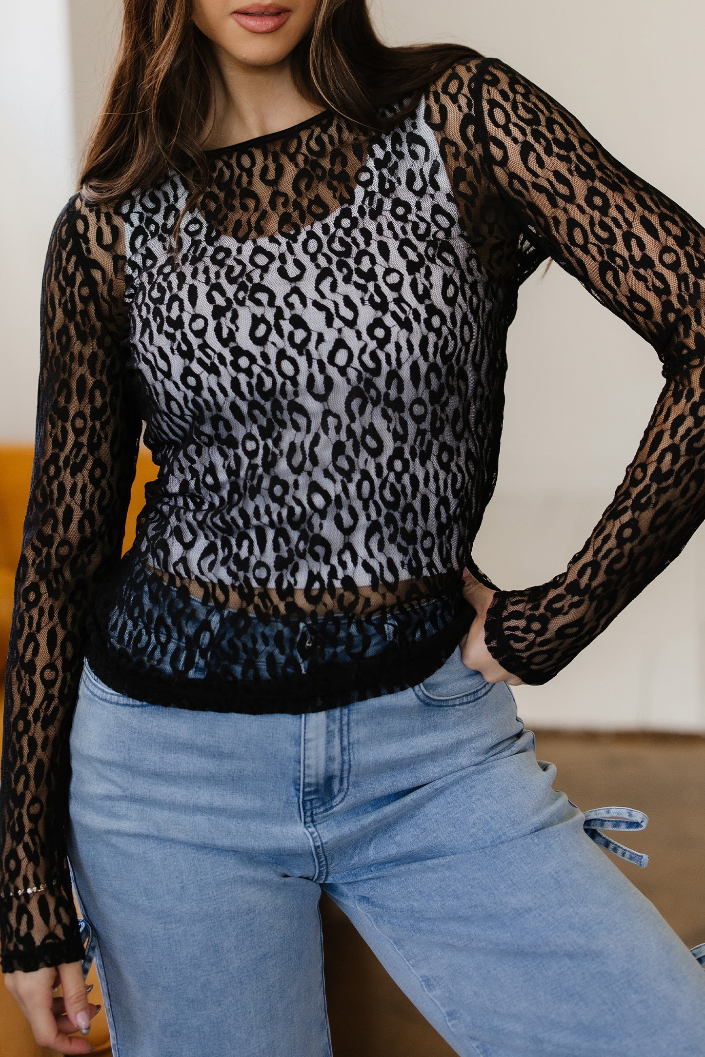 Black Leopard Pattern Sheer Mesh Long Sleeve Top-Tops/Long Sleeve Tops-[Adult]-[Female]-2022 Online Blue Zone Planet