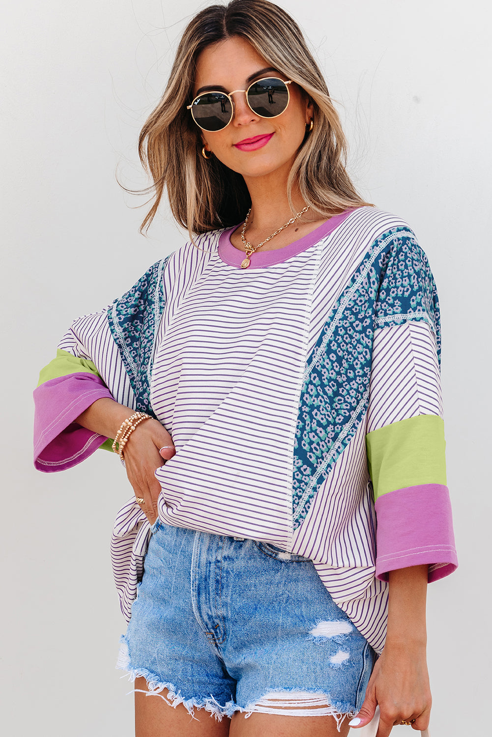 Purple Stripe Floral Color Block Raw Edge Patchwork Bracelet Sleeve Blouse-Bracelet-[Adult]-[Female]-2022 Online Blue Zone Planet