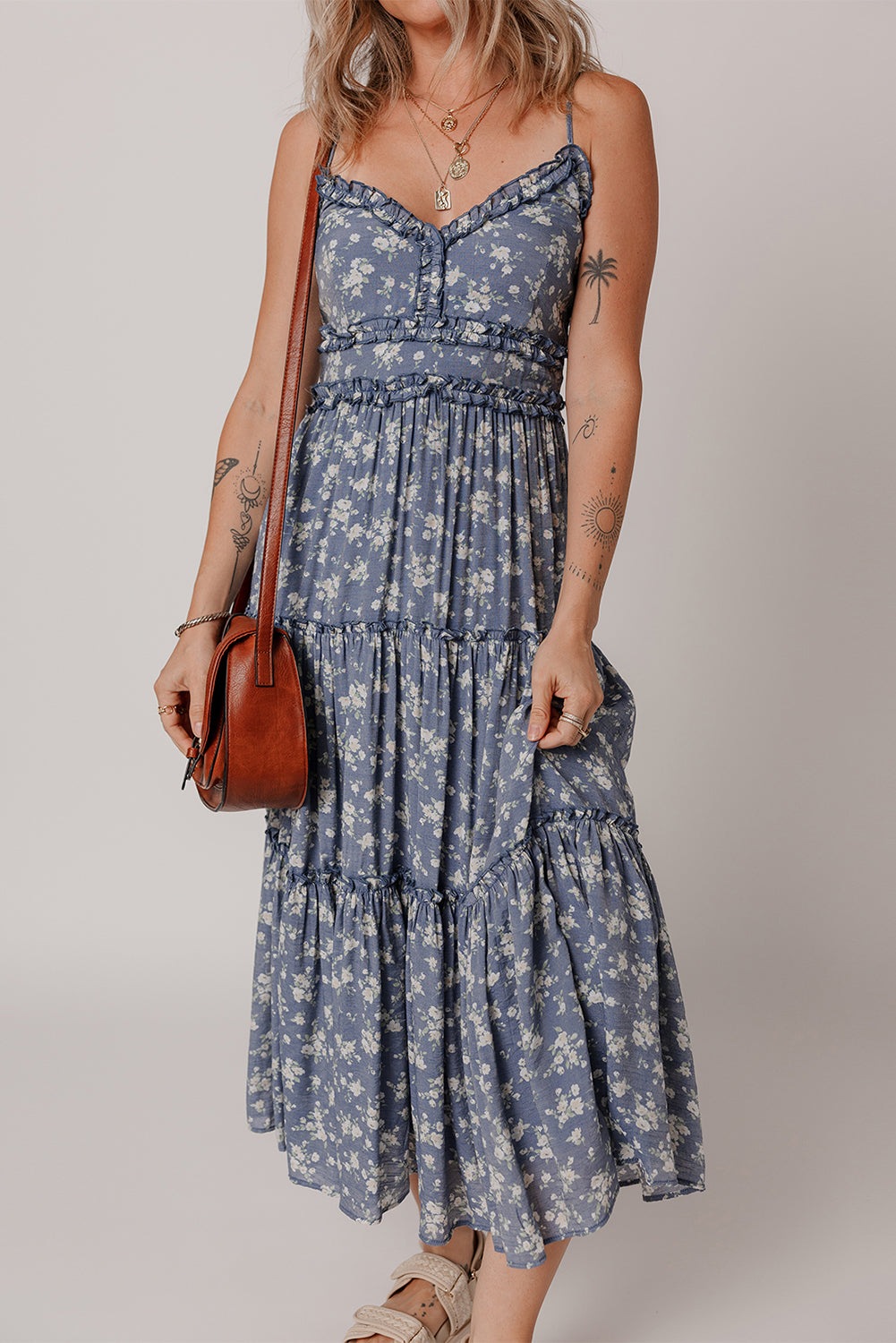 Blue Floral Spaghetti Strap Frilled V Neck Tiered Midi Dress-TOPS / DRESSES-[Adult]-[Female]-Blue-S-2022 Online Blue Zone Planet