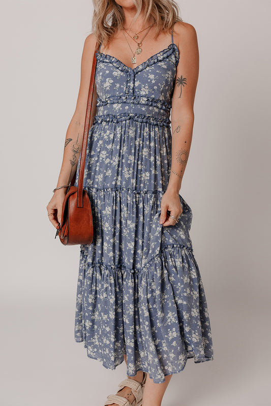 Blue Floral Spaghetti Strap Frilled V Neck Tiered Midi Dress-TOPS / DRESSES-[Adult]-[Female]-Blue-S-2022 Online Blue Zone Planet