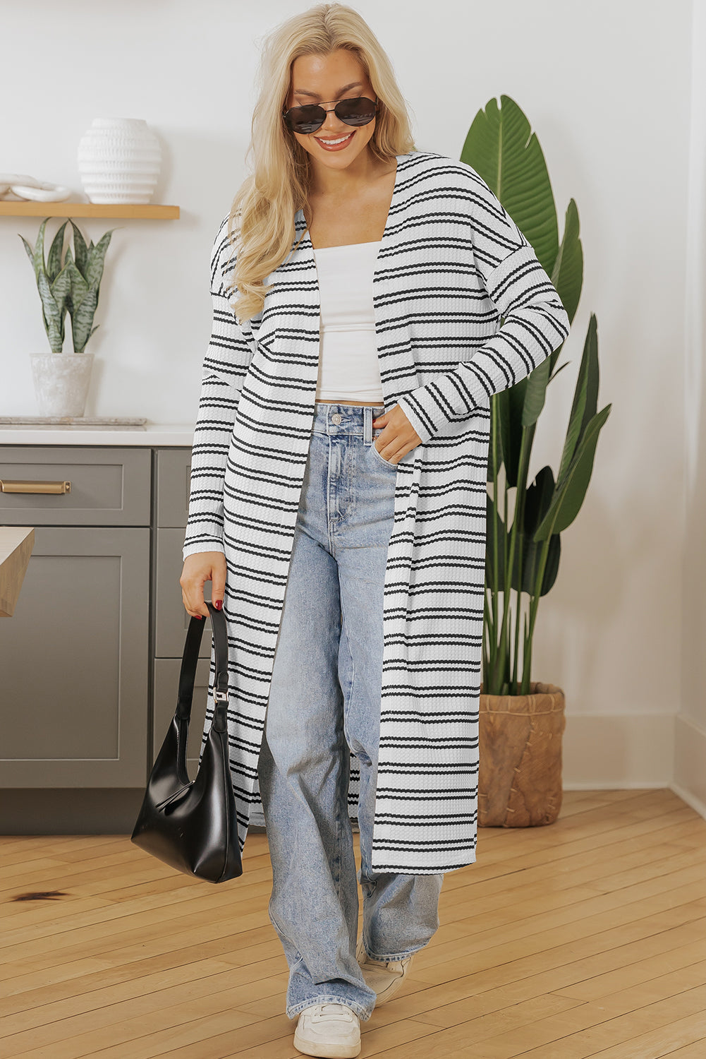 Blue Zone Planet | Black Stripe Print Open Front Duster Cardigan-Sweaters & Cardigans/Cardigans-[Adult]-[Female]-2022 Online Blue Zone Planet