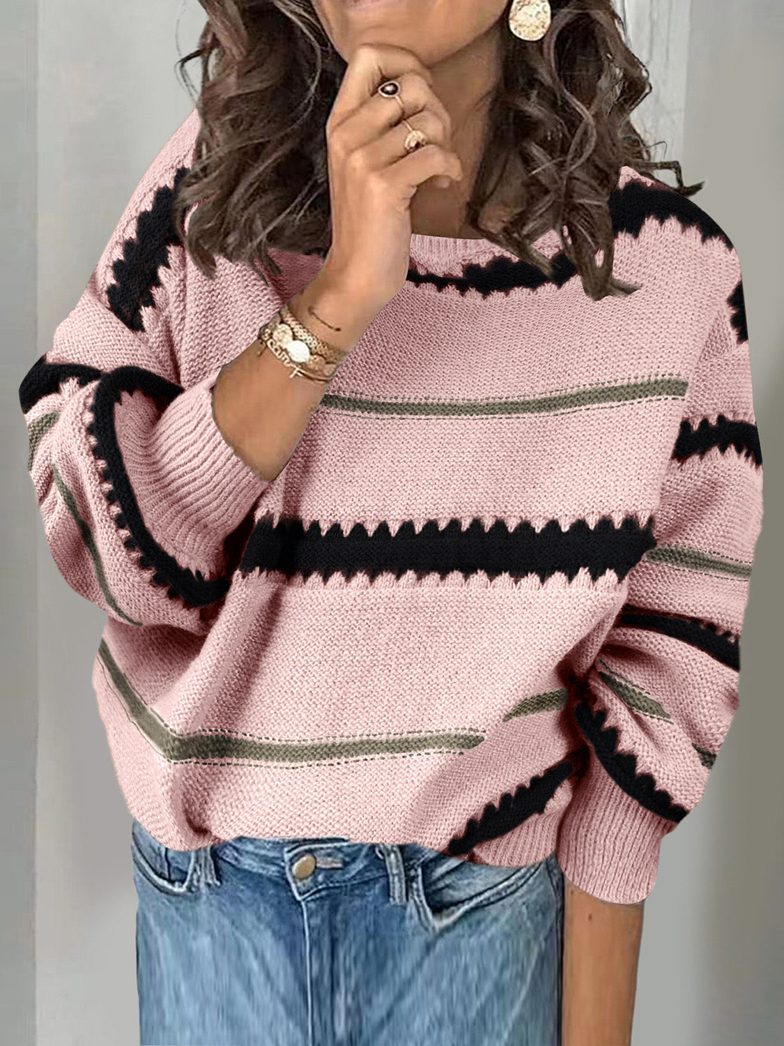 Contrast Striped Round Neck Long Sleeve Sweater-TOPS / DRESSES-[Adult]-[Female]-Blush Pink-S-2022 Online Blue Zone Planet