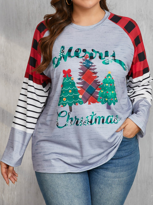 Plus Size Christmas Tree Plaid Round Neck Long Sleeve T-Shirt-TOPS / DRESSES-[Adult]-[Female]-Gray-0XL-2022 Online Blue Zone Planet