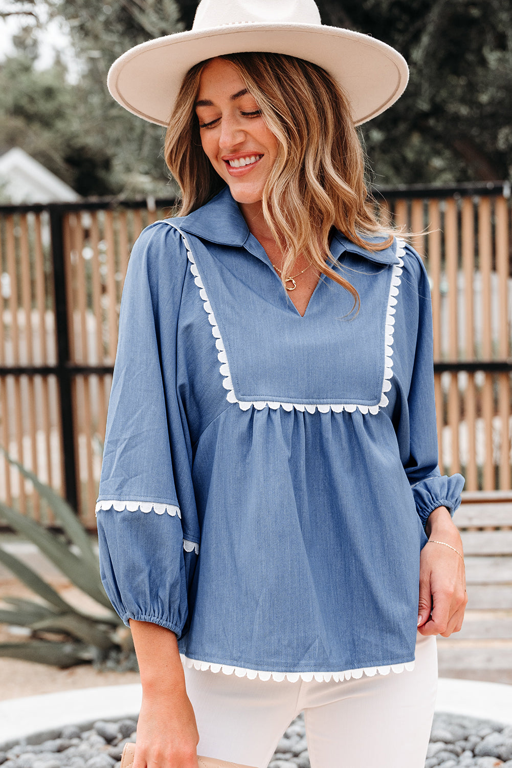 Dusk Blue Lace Ric Rac 3/4 Puff Sleeve Collared Babydoll Blouse-Tops/Blouses & Shirts-[Adult]-[Female]-2022 Online Blue Zone Planet
