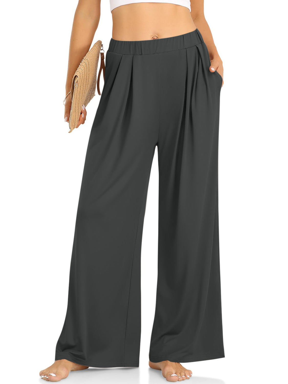 Elastic Waist Wide Leg Pants-BOTTOMS SIZES SMALL MEDIUM LARGE-[Adult]-[Female]-Dark Gray-XS-2022 Online Blue Zone Planet