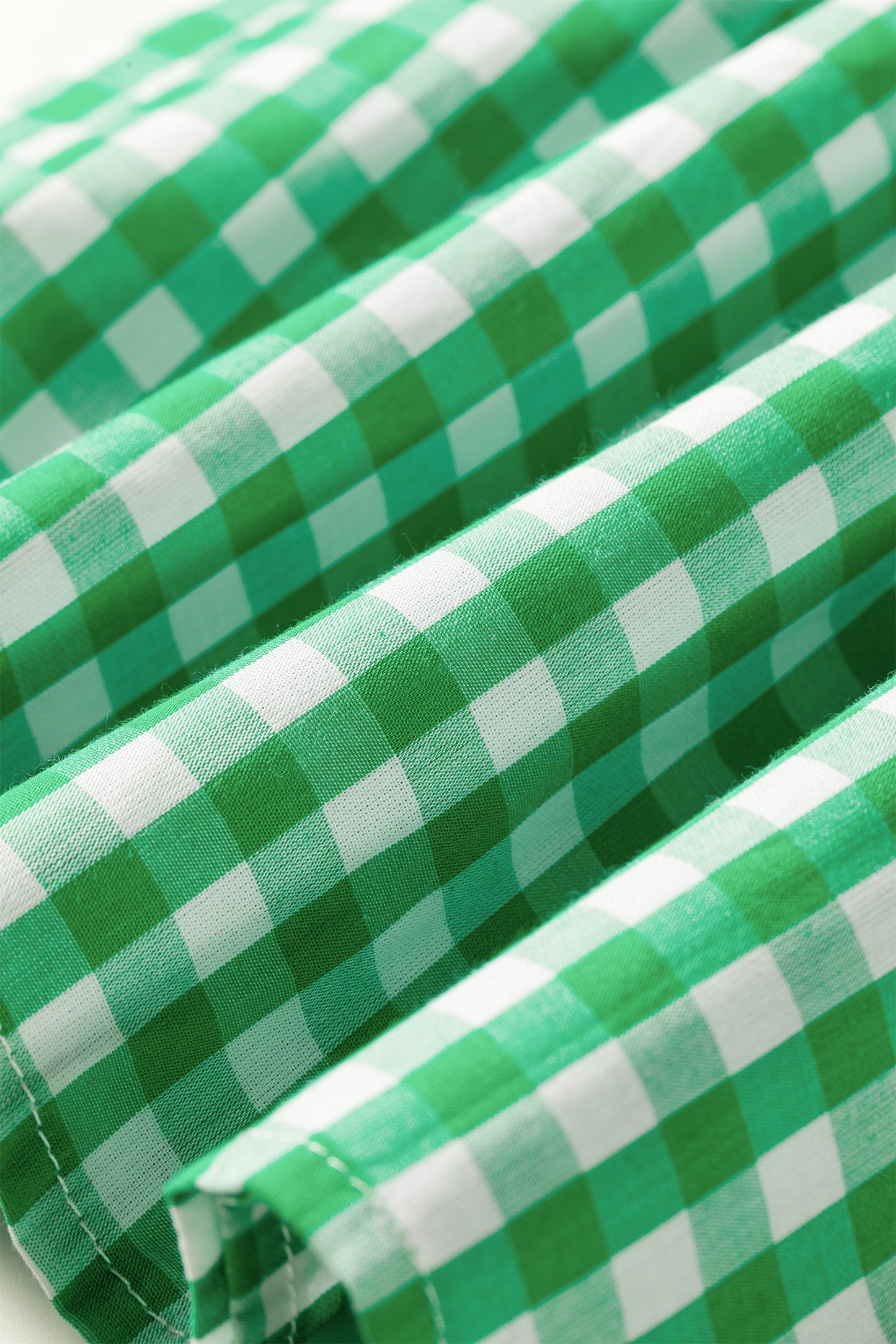 Green Gingham Plaid Bubble Sleeve Colorblock Trim V Neck Blouse-Tops/Blouses & Shirts-[Adult]-[Female]-2022 Online Blue Zone Planet