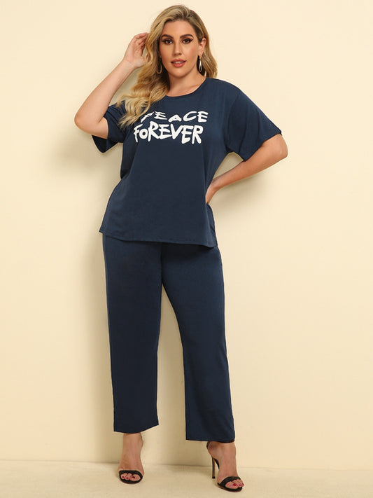 Blue Zone Planet | Plus Size PEACE FOREVER Short Sleeve Top and Pants Set-TOPS / DRESSES-[Adult]-[Female]-Dark Blue-1XL-2022 Online Blue Zone Planet