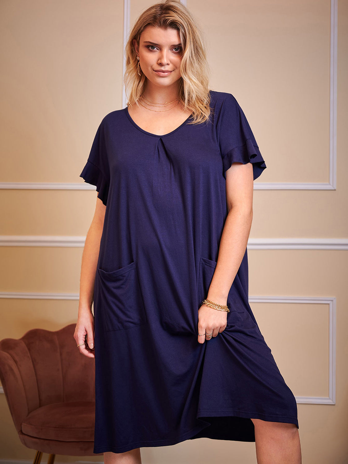 Plus Size Round Neck Short Sleeve Lounge Dress-TOPS / DRESSES-[Adult]-[Female]-Dark Navy-1XL-2022 Online Blue Zone Planet