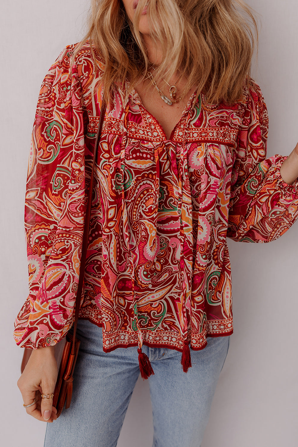 Multicolour Ethnic Paisley Print Tassel Tie Puff Sleeve Boho Blouse-Tops/Blouses & Shirts-[Adult]-[Female]-2022 Online Blue Zone Planet