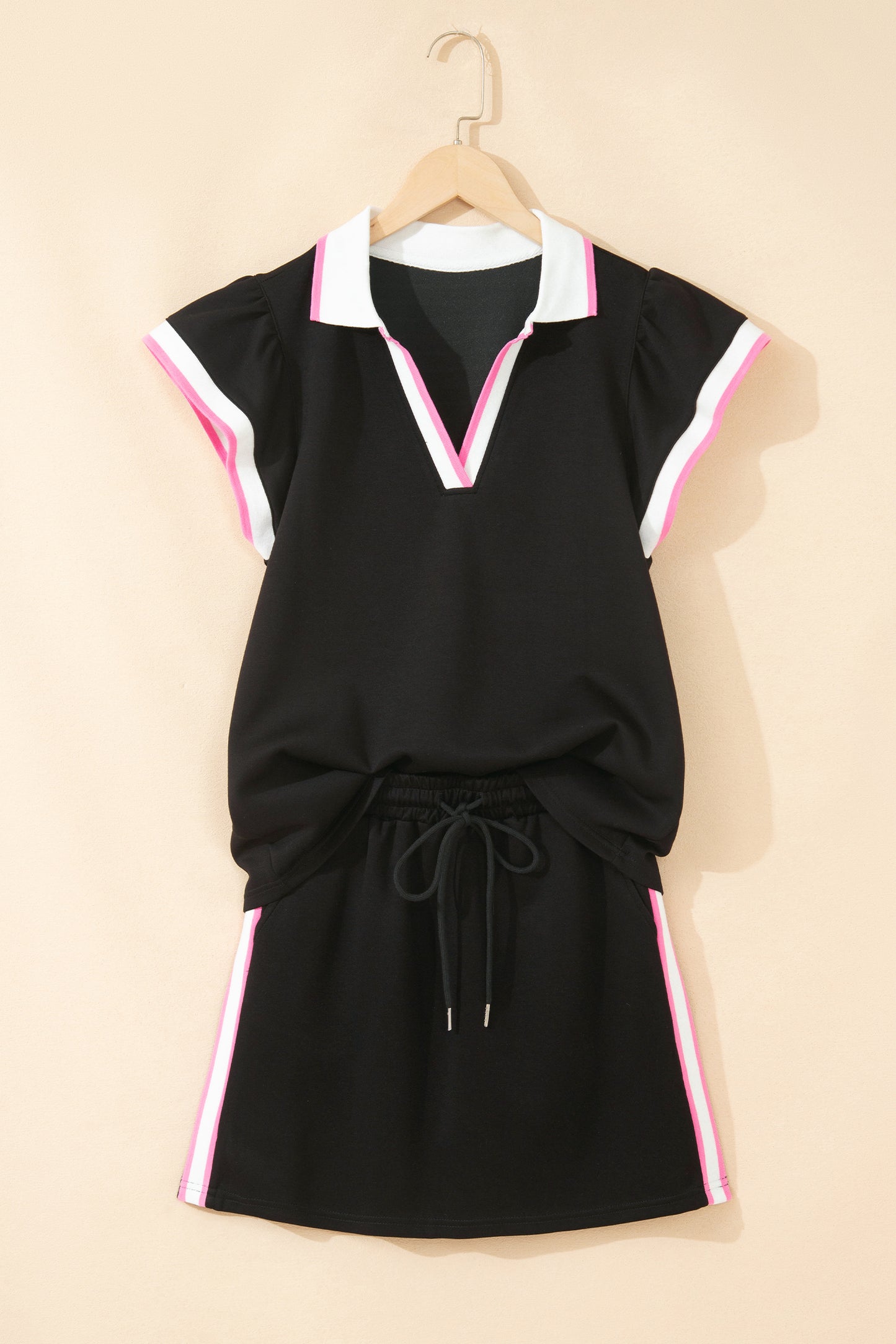 Black Preppy Striped Trim V Neck Polo Tee Drawstring Skirt Set-Two Piece Sets/Two Piece Dresses-[Adult]-[Female]-2022 Online Blue Zone Planet
