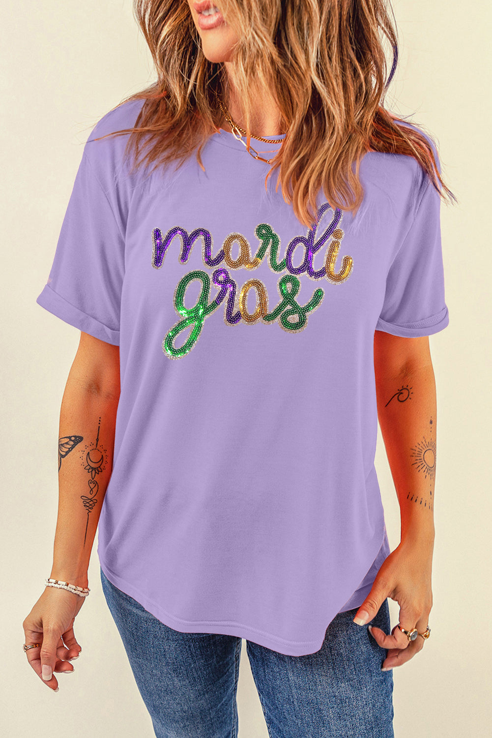 White Sequin mardi gras Letter Print Crewneck Tee-Graphic Tees-[Adult]-[Female]-2022 Online Blue Zone Planet