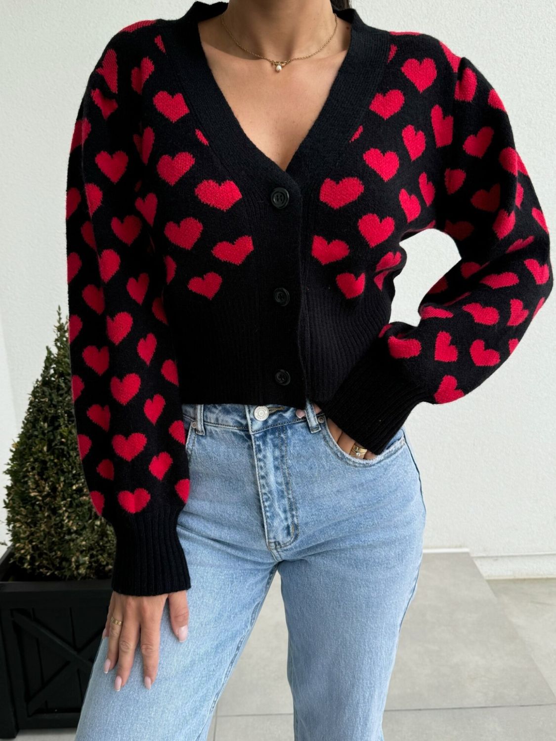 Blue Zone Planet | Valentine’s Day Heart V-Neck Cropped Cardigan-TOPS / DRESSES-[Adult]-[Female]-Black-S-2022 Online Blue Zone Planet