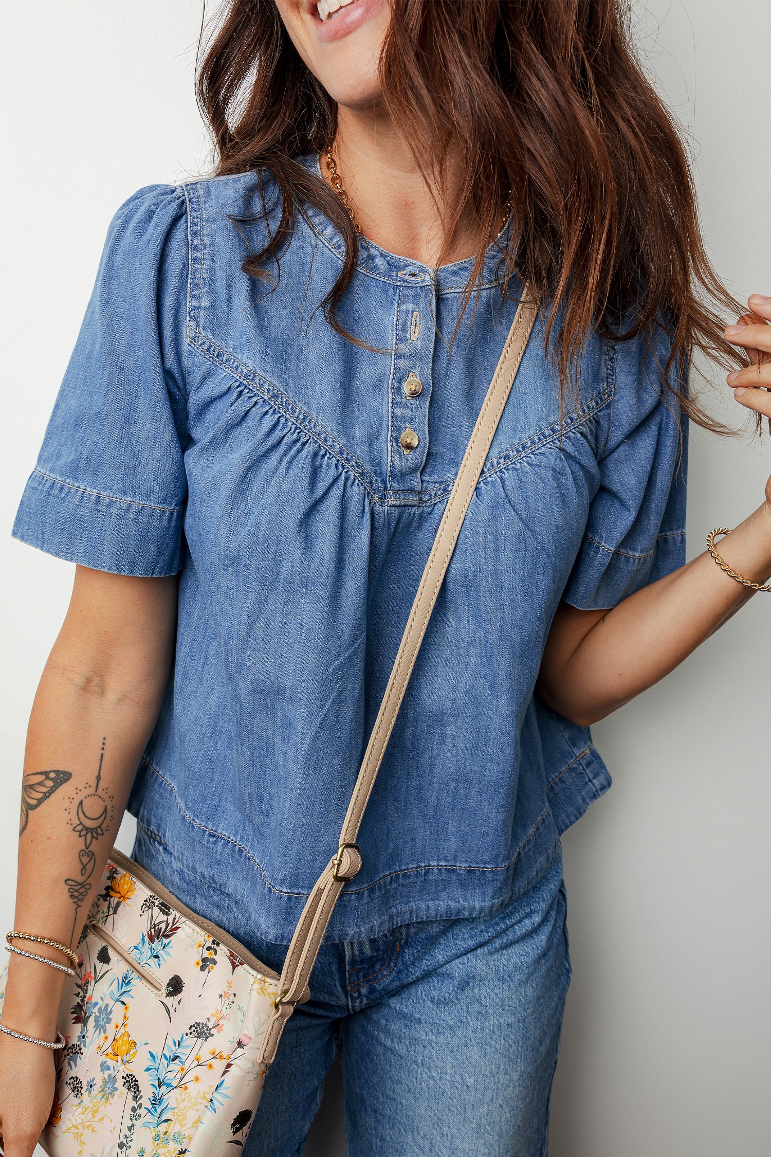 Beau Blue Seam Pleated Detail Half Button Short Sleeve Denim Top-Tops/Blouses & Shirts-[Adult]-[Female]-2022 Online Blue Zone Planet