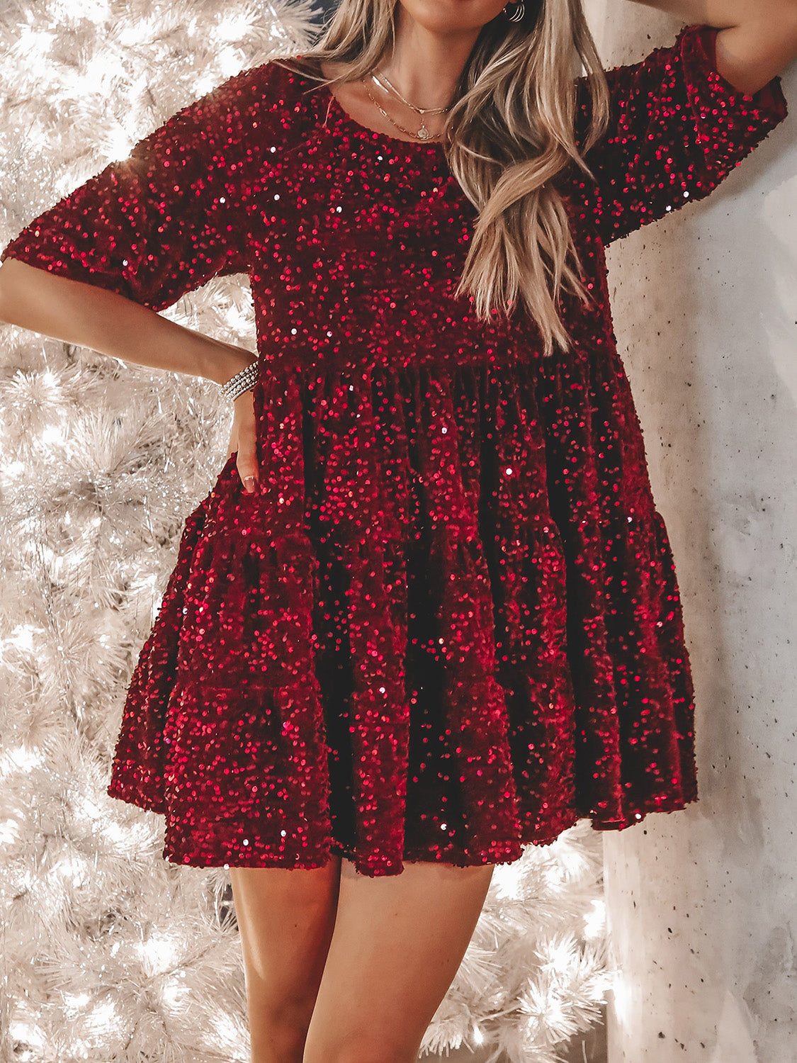 Full Size Sequin Round Neck Half Sleeve Mini Dress-TOPS / DRESSES-[Adult]-[Female]-Burgundy-S-2022 Online Blue Zone Planet