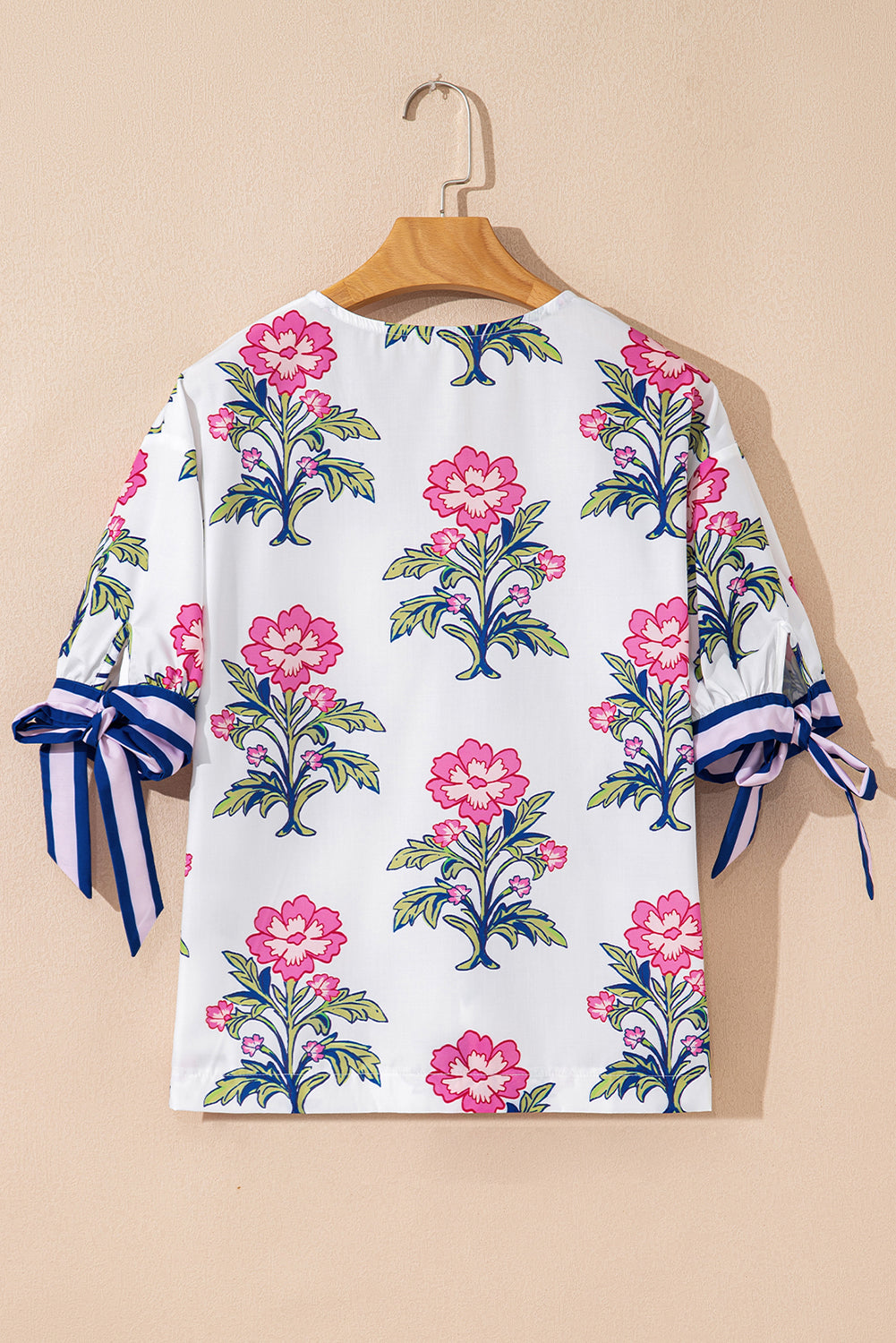 White Floral Colorblock Stripe Knot Bubble Sleeve V Neck Blouse-Tops/Blouses & Shirts-[Adult]-[Female]-2022 Online Blue Zone Planet