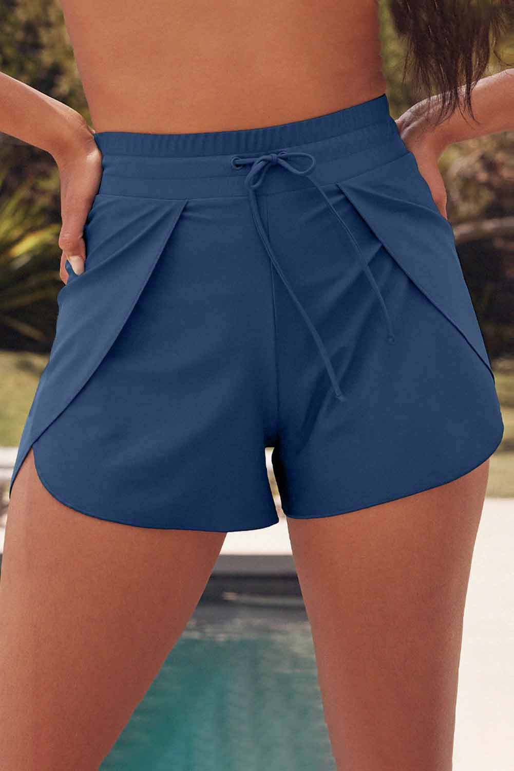 Black Solid Color 2-in-1 Drawstring Elastic Waist Swim Shorts-Swimwear/Swim Bottoms-[Adult]-[Female]-Blue-2-S-2022 Online Blue Zone Planet