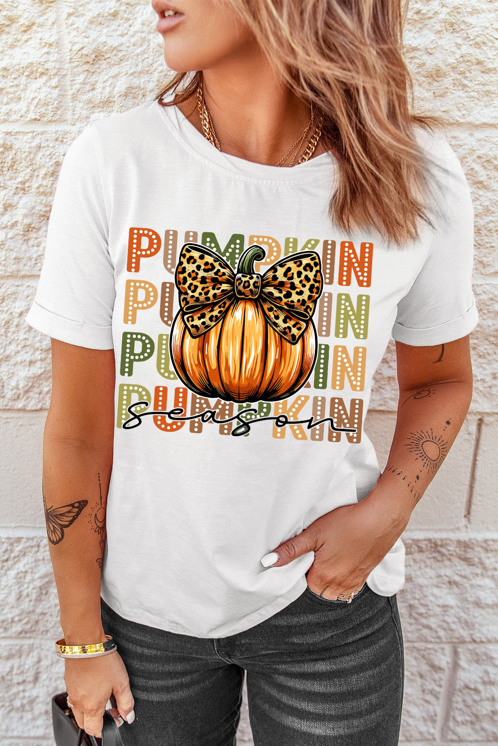 White PUMPKIN Season Leopard Bow Print Crew Neck T Shirt-Graphic/Graphic Tees-[Adult]-[Female]-2022 Online Blue Zone Planet