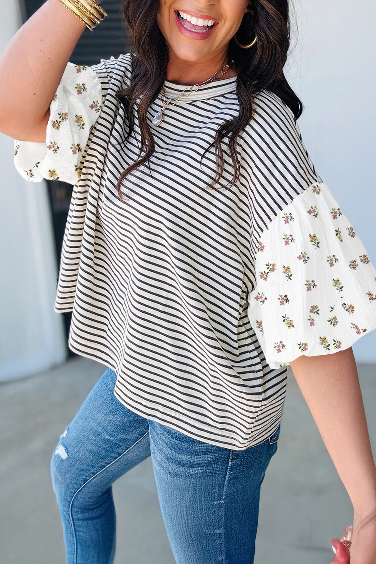 Black Stripe Floral Puff Sleeve Patchwork Round Neck Loose Top-Tops/Blouses & Shirts-[Adult]-[Female]-2022 Online Blue Zone Planet