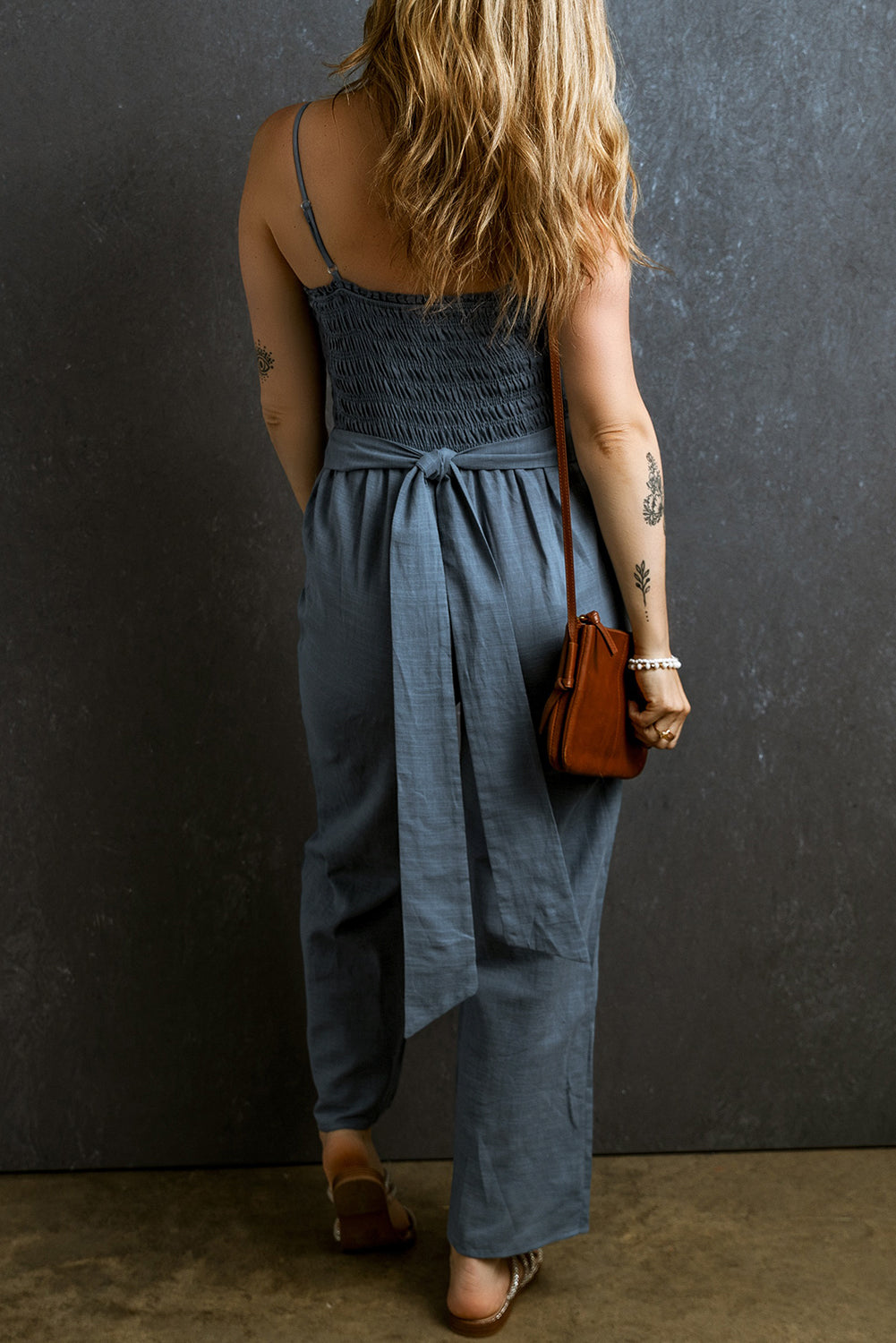 Tied Smocked Wide Leg Jumpsuit-TOPS / DRESSES-[Adult]-[Female]-2022 Online Blue Zone Planet