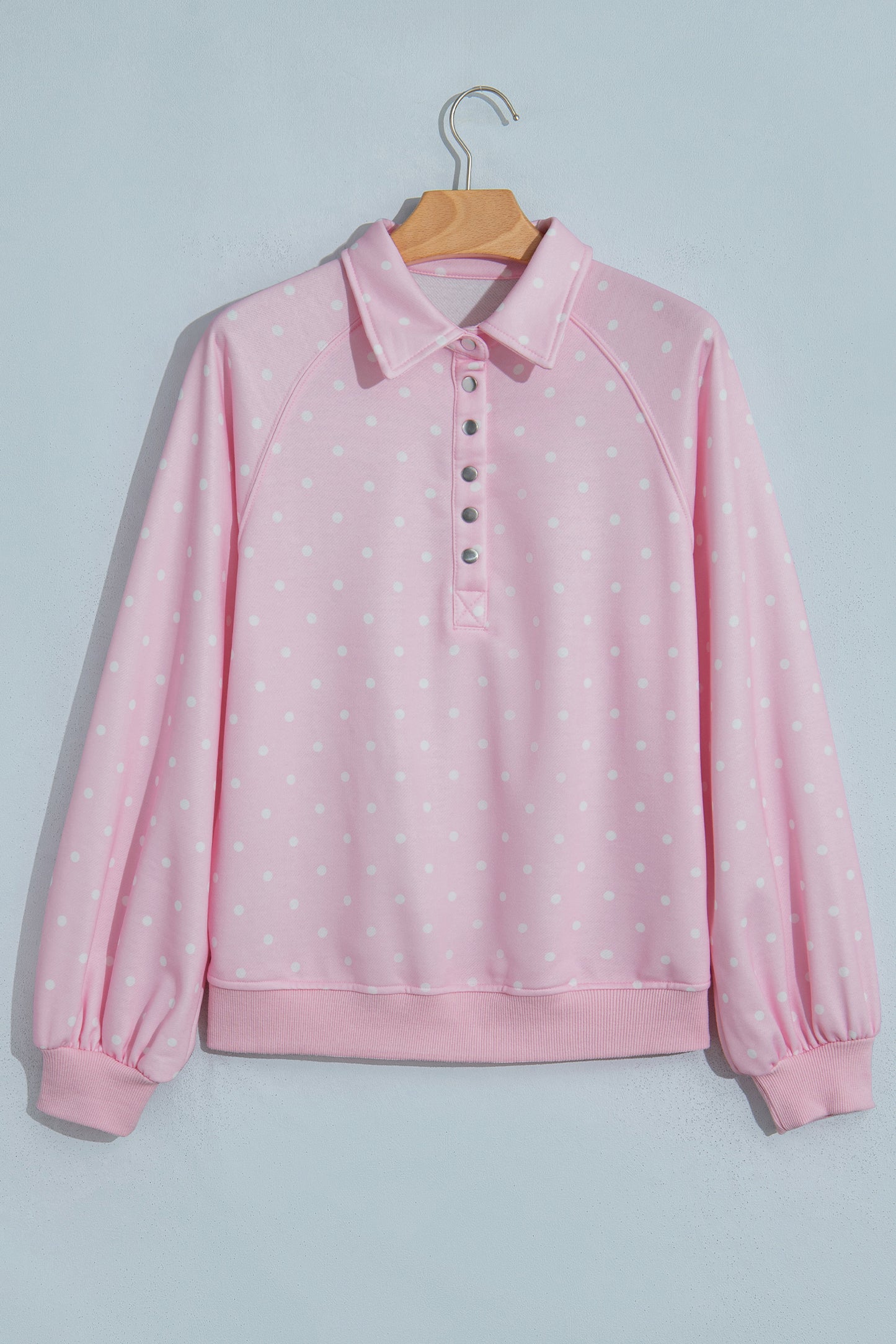 Pink Polka Dot Print Metal Button Collar Casual Pullover Sweatshirt-Tops/Sweatshirts & Hoodies-[Adult]-[Female]-2022 Online Blue Zone Planet
