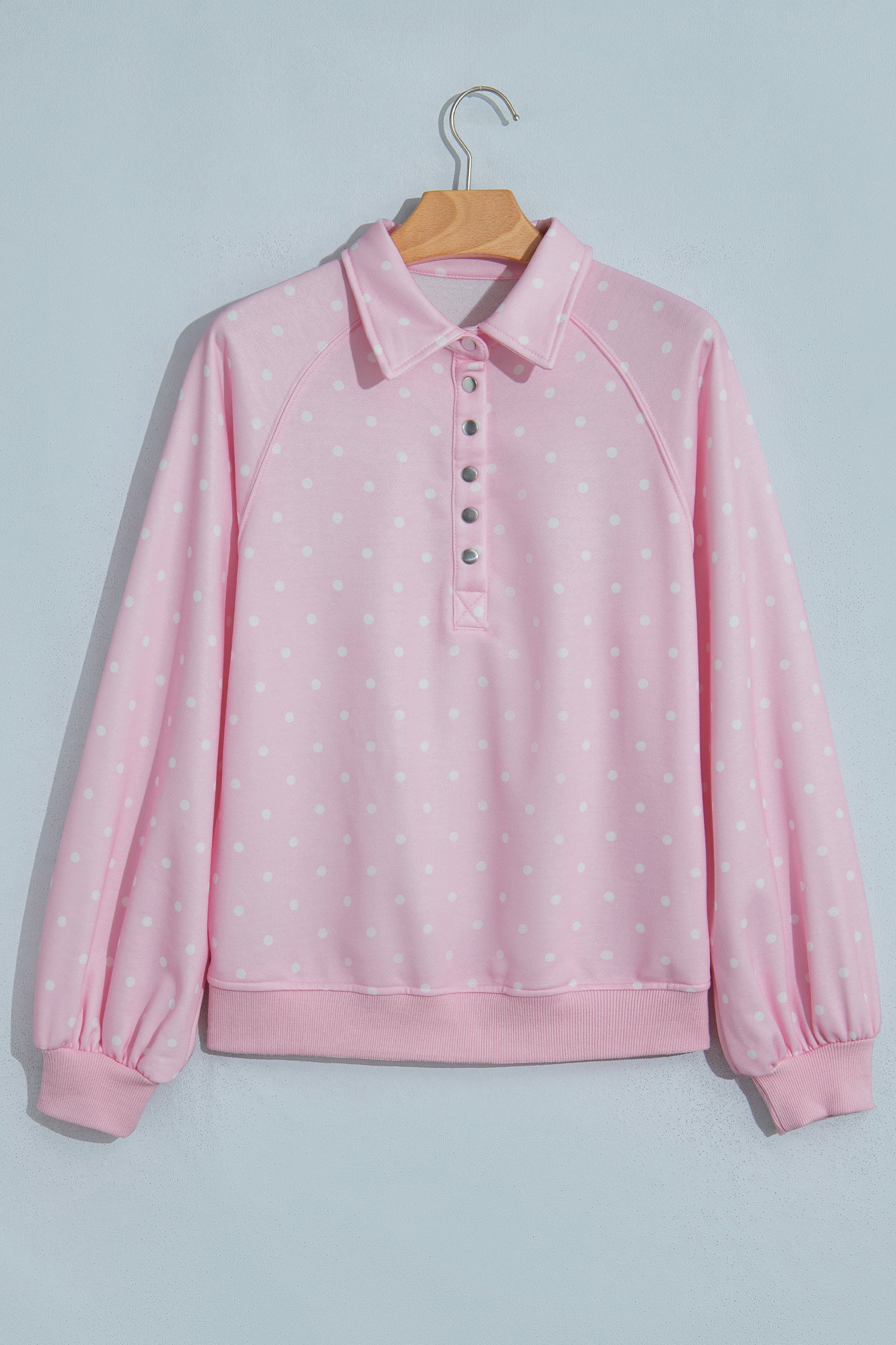 Pink Polka Dot Print Metal Button Collar Casual Pullover Sweatshirt-Tops/Sweatshirts & Hoodies-[Adult]-[Female]-2022 Online Blue Zone Planet