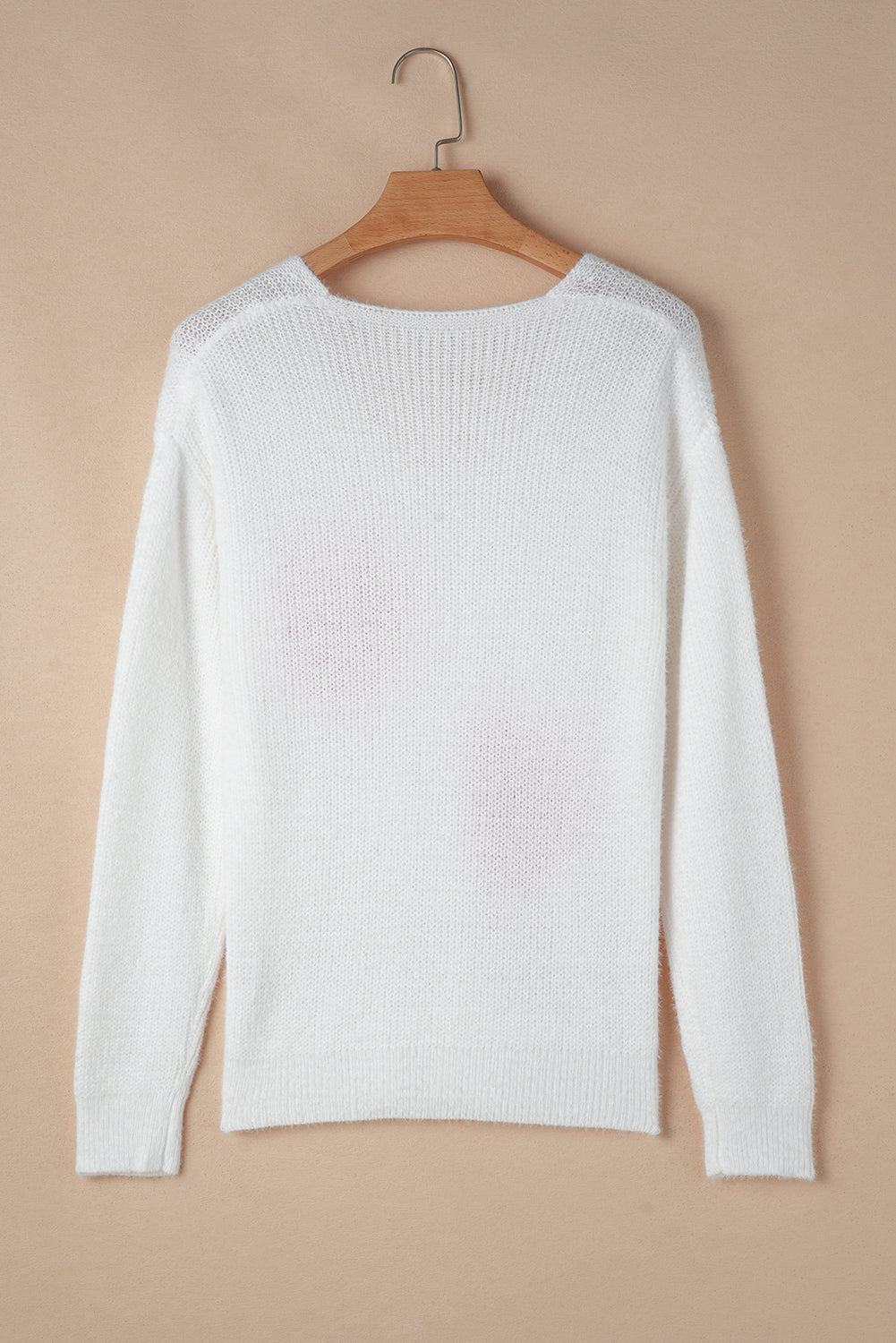 Blue Zone Planet | White Pearl Beaded Heart Pattern Fuzzy V Neck Sweater-Sweaters & Cardigans/Sweaters-[Adult]-[Female]-2022 Online Blue Zone Planet