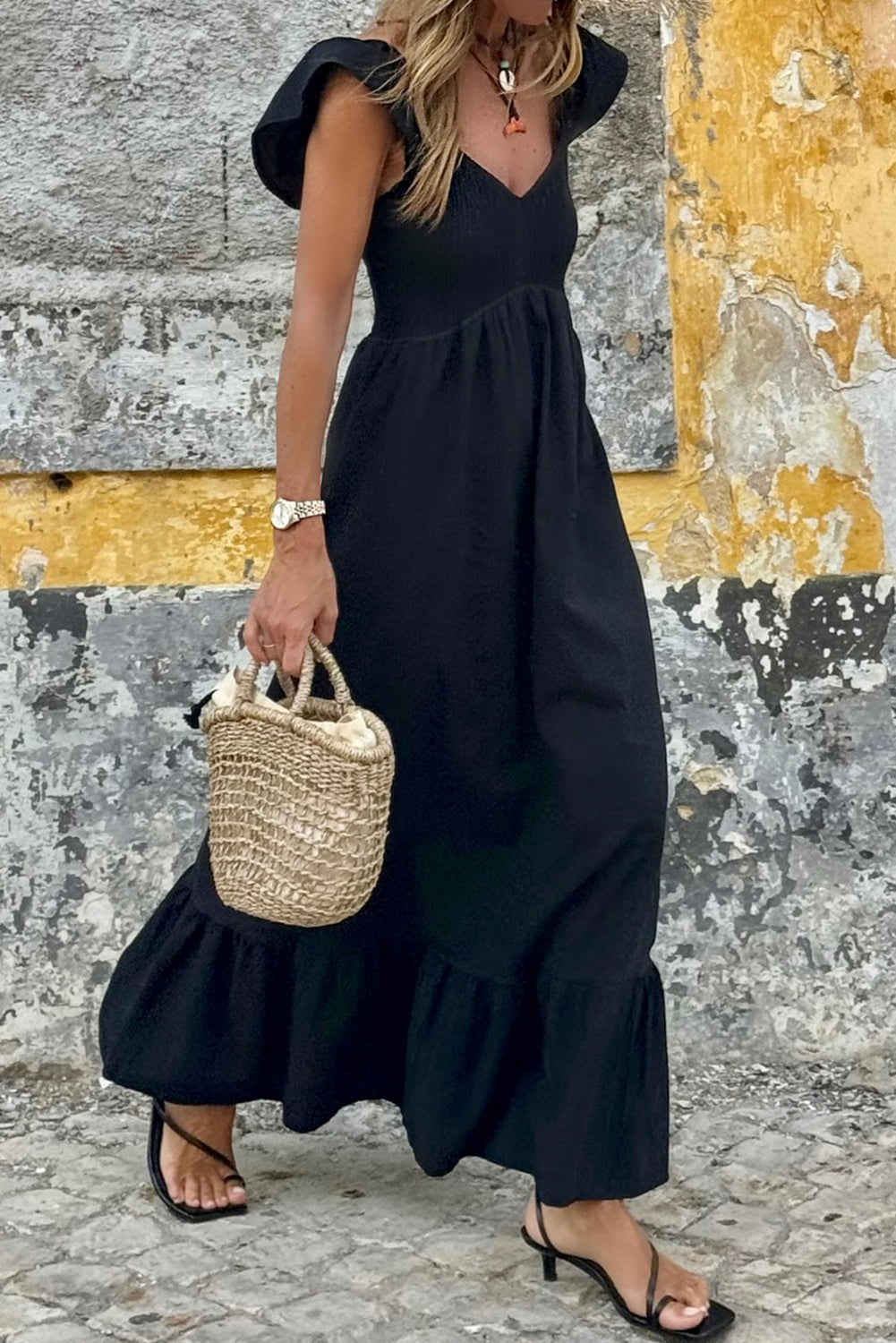 Fiery Red V Neck Flutter Sleeve Smocked Bodice High Waist Ruffle Maxi Dress-TOPS / DRESSES-[Adult]-[Female]-Black-S-2022 Online Blue Zone Planet