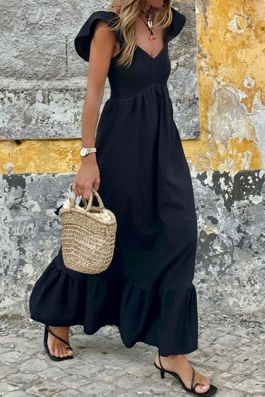 Fiery Red V Neck Flutter Sleeve Smocked Bodice High Waist Ruffle Maxi Dress-TOPS / DRESSES-[Adult]-[Female]-Black-S-2022 Online Blue Zone Planet