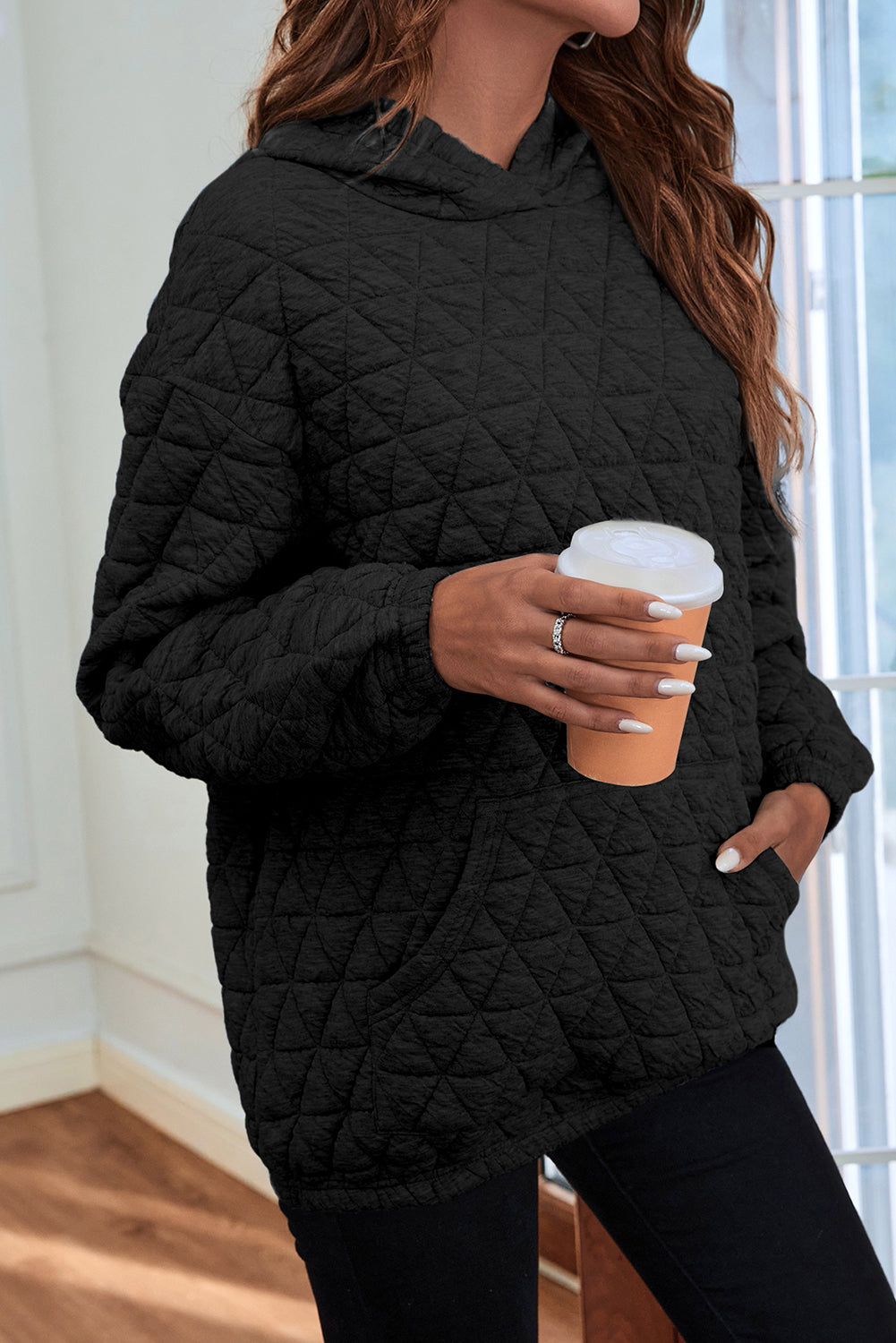 Black Solid Color Quilted Kangaroo Pocket Hoodie-Tops/Sweatshirts & Hoodies-[Adult]-[Female]-Black-S-2022 Online Blue Zone Planet