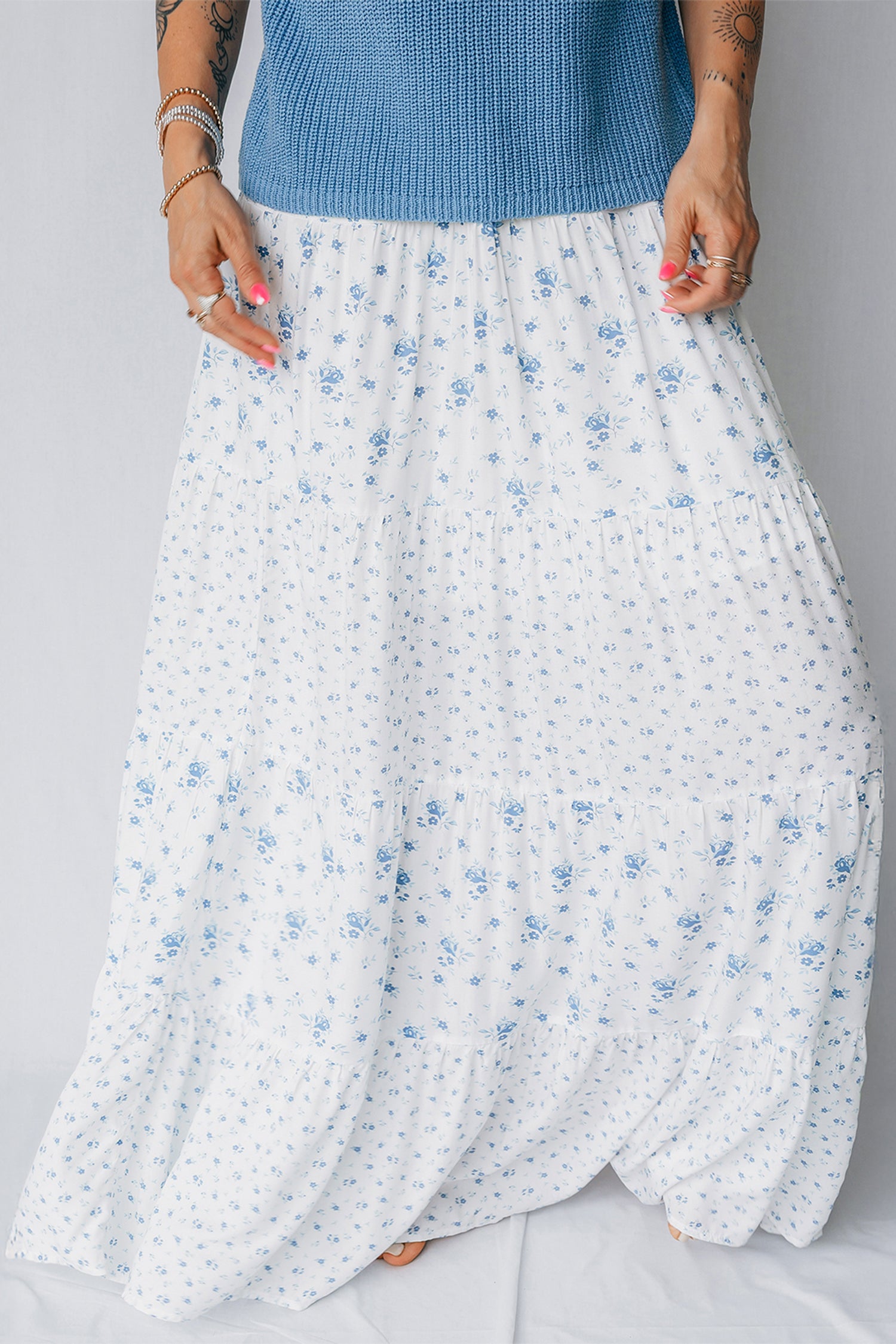 Sky Blue High Waist Tiny Floral Print Boho Maxi Skirt-Bottoms/Skirts & Petticoat-[Adult]-[Female]-2022 Online Blue Zone Planet