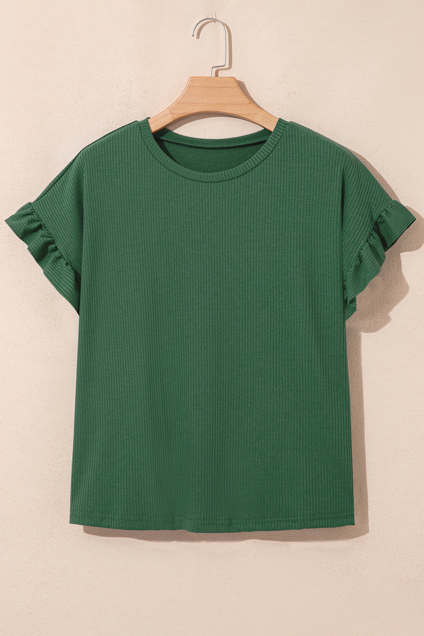 Blackish Green Solid Color Ribbed Ruffled Short Sleeve T Shirt-Tops/Tops & Tees-[Adult]-[Female]-2022 Online Blue Zone Planet