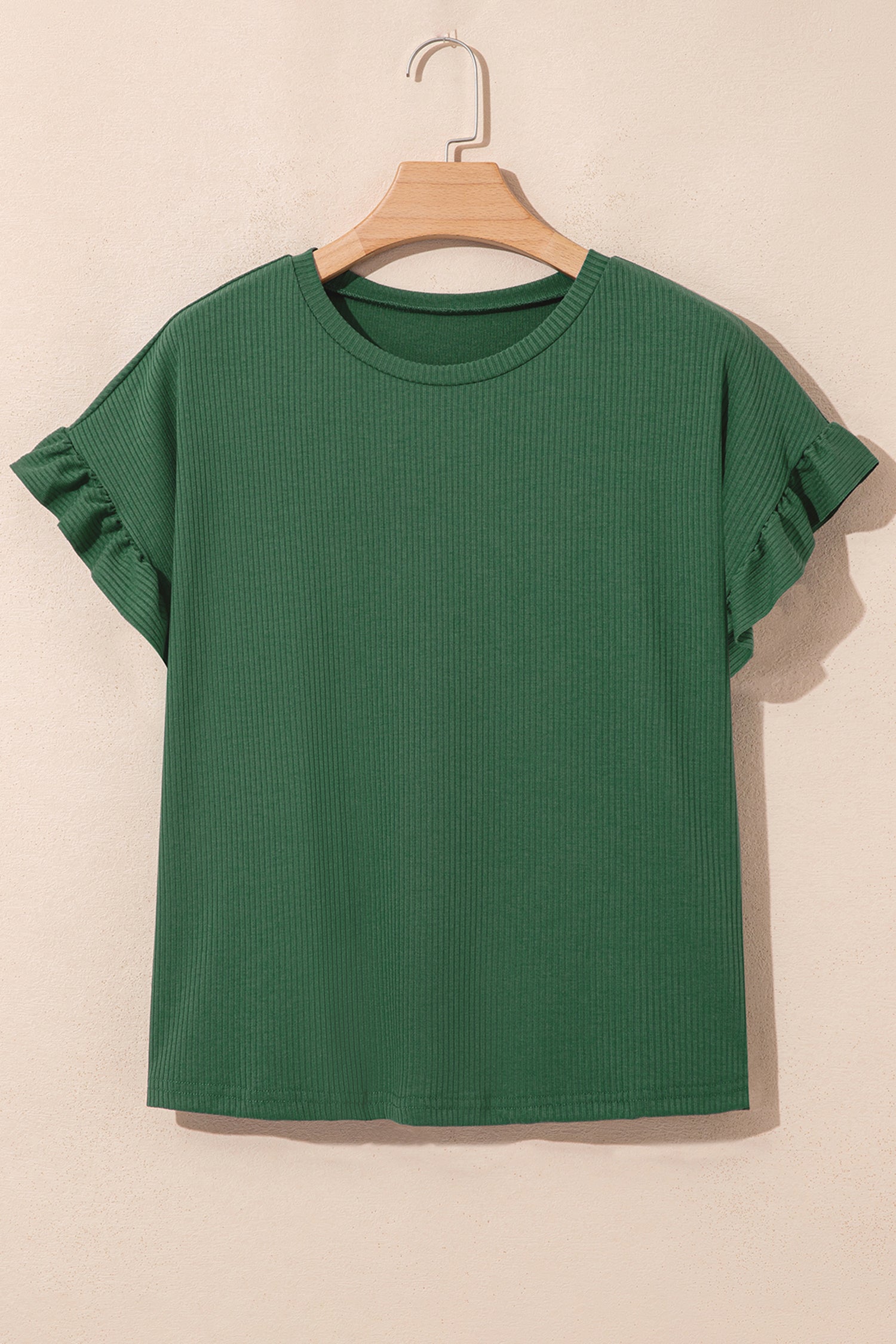 Blackish Green Solid Color Ribbed Ruffled Short Sleeve T Shirt-Tops/Tops & Tees-[Adult]-[Female]-2022 Online Blue Zone Planet