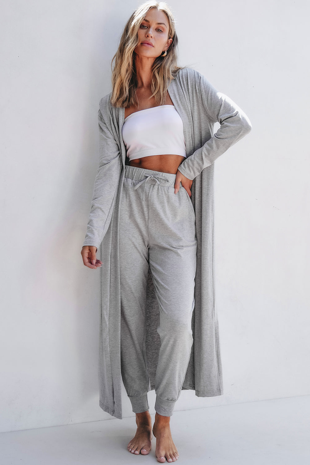 Blue Zone Planet | Black Split Long Cardigan and Skinny Pants Lounge Set-TOPS / DRESSES-[Adult]-[Female]-2022 Online Blue Zone Planet