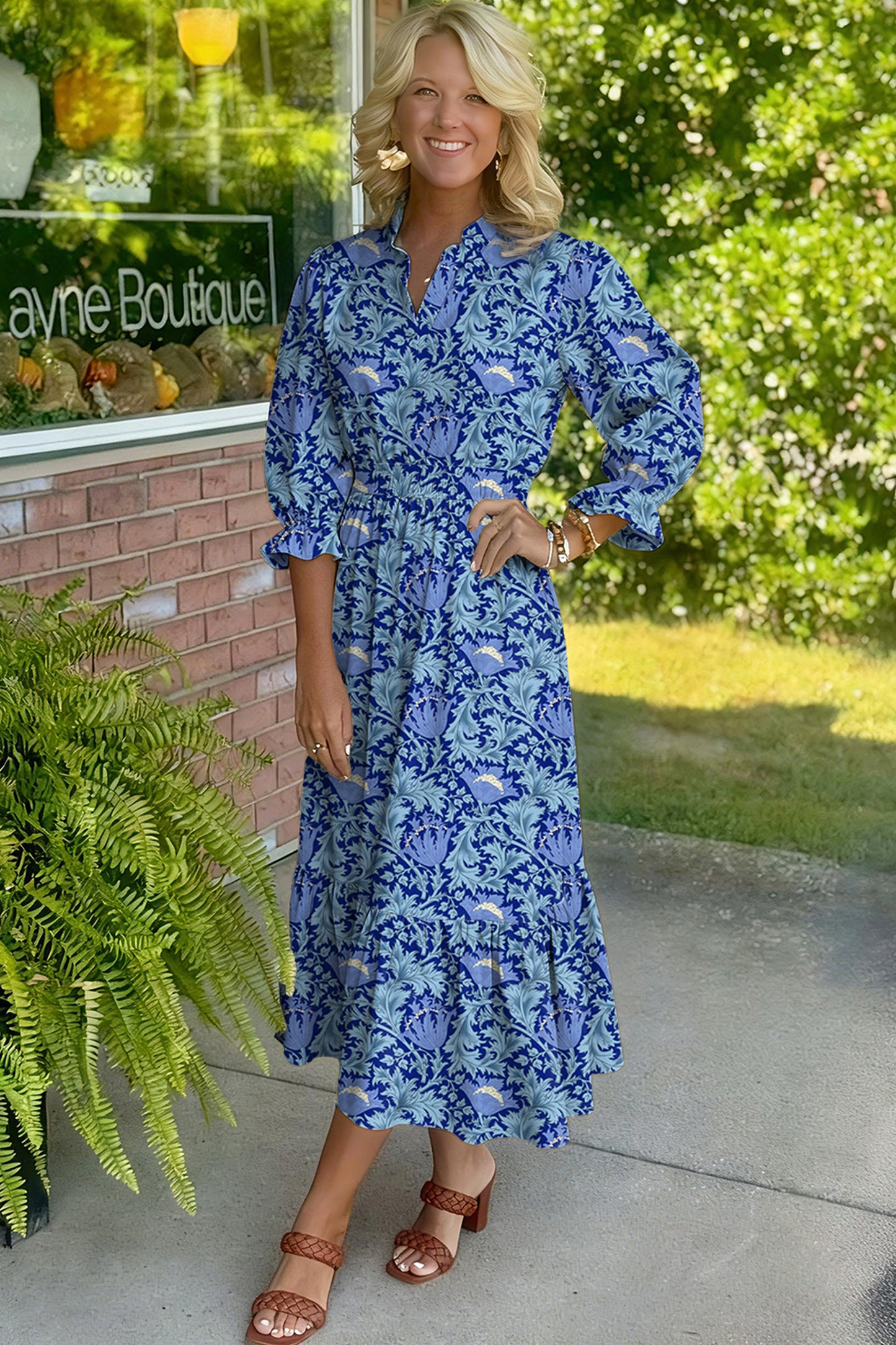 Brown Floral Printed Frilled V Neck Bracelet Sleeve Long Dress-Bracelet-[Adult]-[Female]-2022 Online Blue Zone Planet