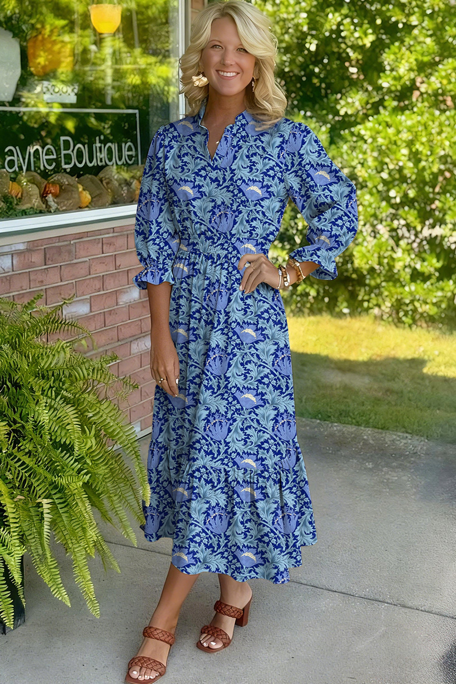 Brown Floral Printed Frilled V Neck Bracelet Sleeve Long Dress-Bracelet-[Adult]-[Female]-2022 Online Blue Zone Planet