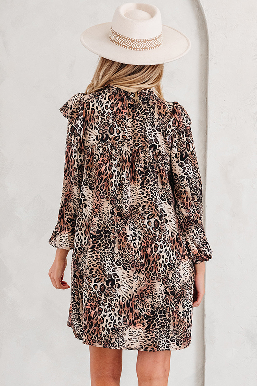 Brown Leopard Ruffled Detail Long Sleeve Loose Mini Dress-Dresses/Mini Dresses-[Adult]-[Female]-2022 Online Blue Zone Planet