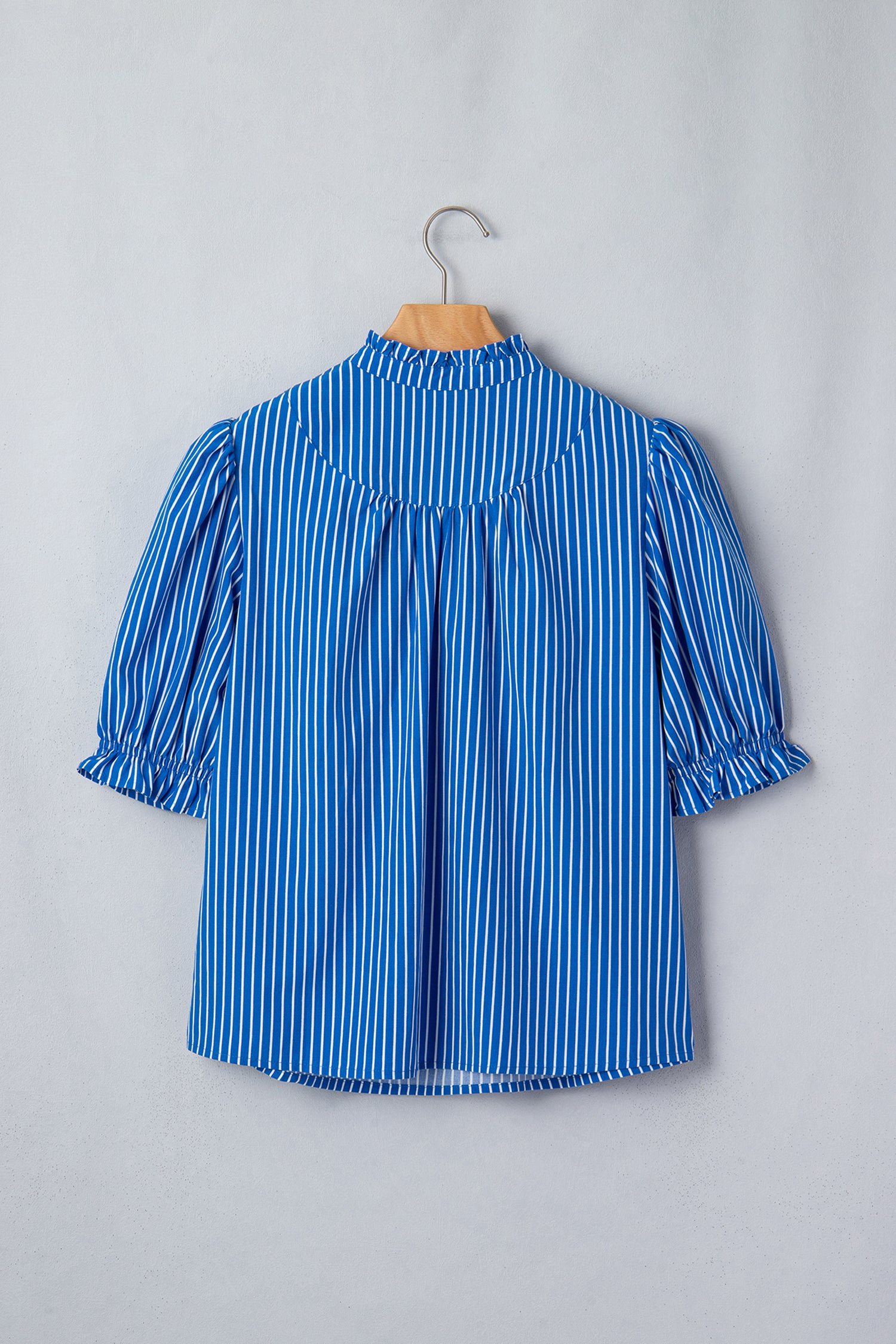 Blue Stripe Ruffled Short Puff Sleeve Button Front Blouse-Tops/Blouses & Shirts-[Adult]-[Female]-2022 Online Blue Zone Planet