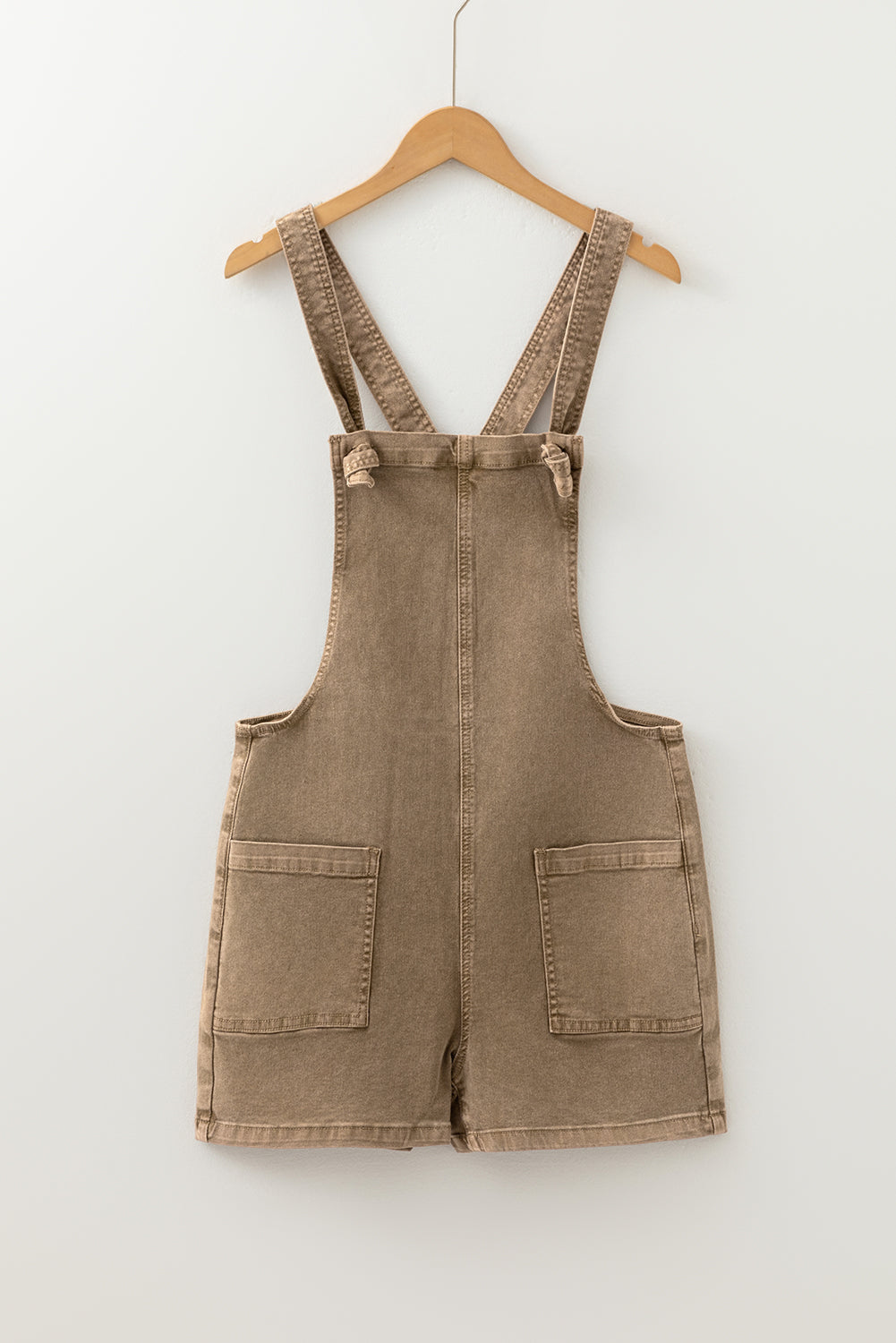 Light French Beige Solid Color Knot Straps Denim Romper with Pockets-Bottoms/Jumpsuits & Rompers-[Adult]-[Female]-2022 Online Blue Zone Planet