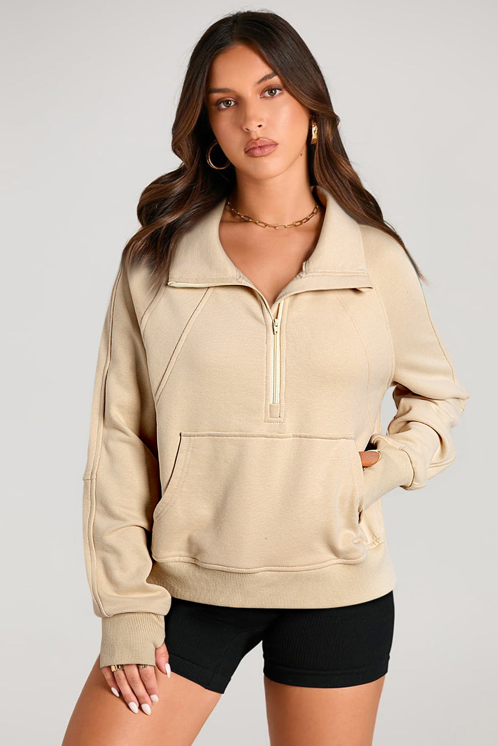 Brown Quarter Zip Stand Neck Kangaroo Pocket Sweatshirt-Tops/Sweatshirts & Hoodies-[Adult]-[Female]-2022 Online Blue Zone Planet