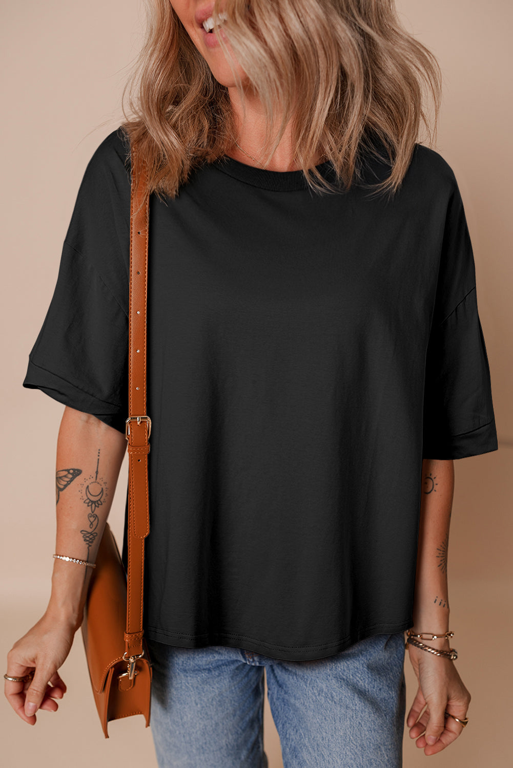 Black Loose Half Sleeve Hi Low Hem T Shirt-Tops/Tops & Tees-[Adult]-[Female]-2022 Online Blue Zone Planet