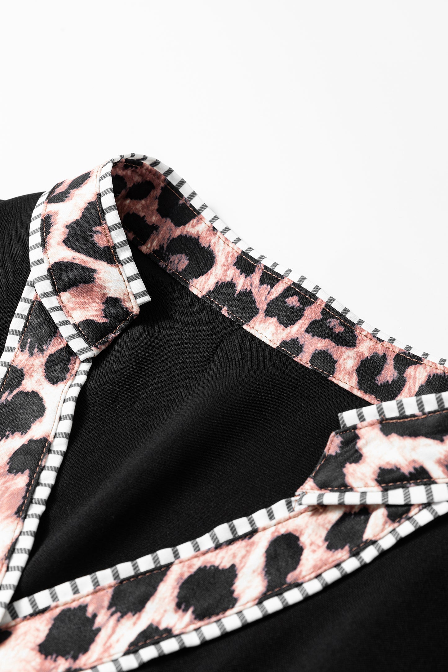Black V Neck Short Puff Sleeve Contrast Striped Leopard Trim Button Down Shirt-Tops/Blouses & Shirts-[Adult]-[Female]-2022 Online Blue Zone Planet