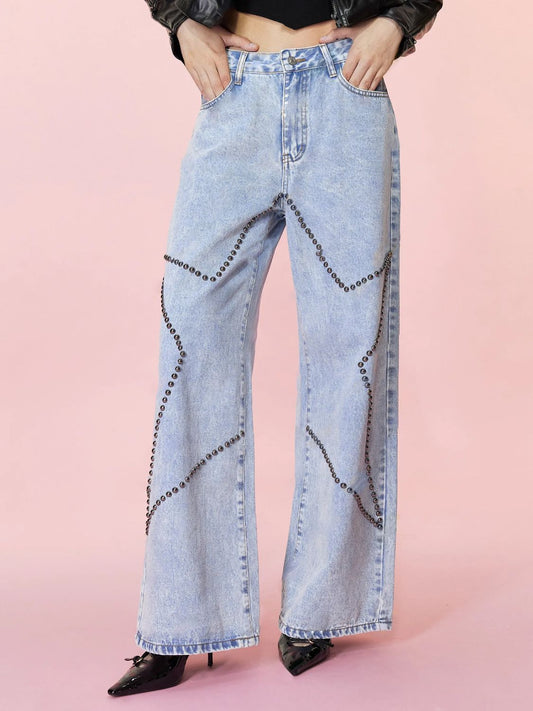 Blue Zone Planet | Studded Star Straight Jeans with Pockets-BOTTOM SIZES SMALL MEDIUM LARGE-[Adult]-[Female]-Light-XS-2022 Online Blue Zone Planet