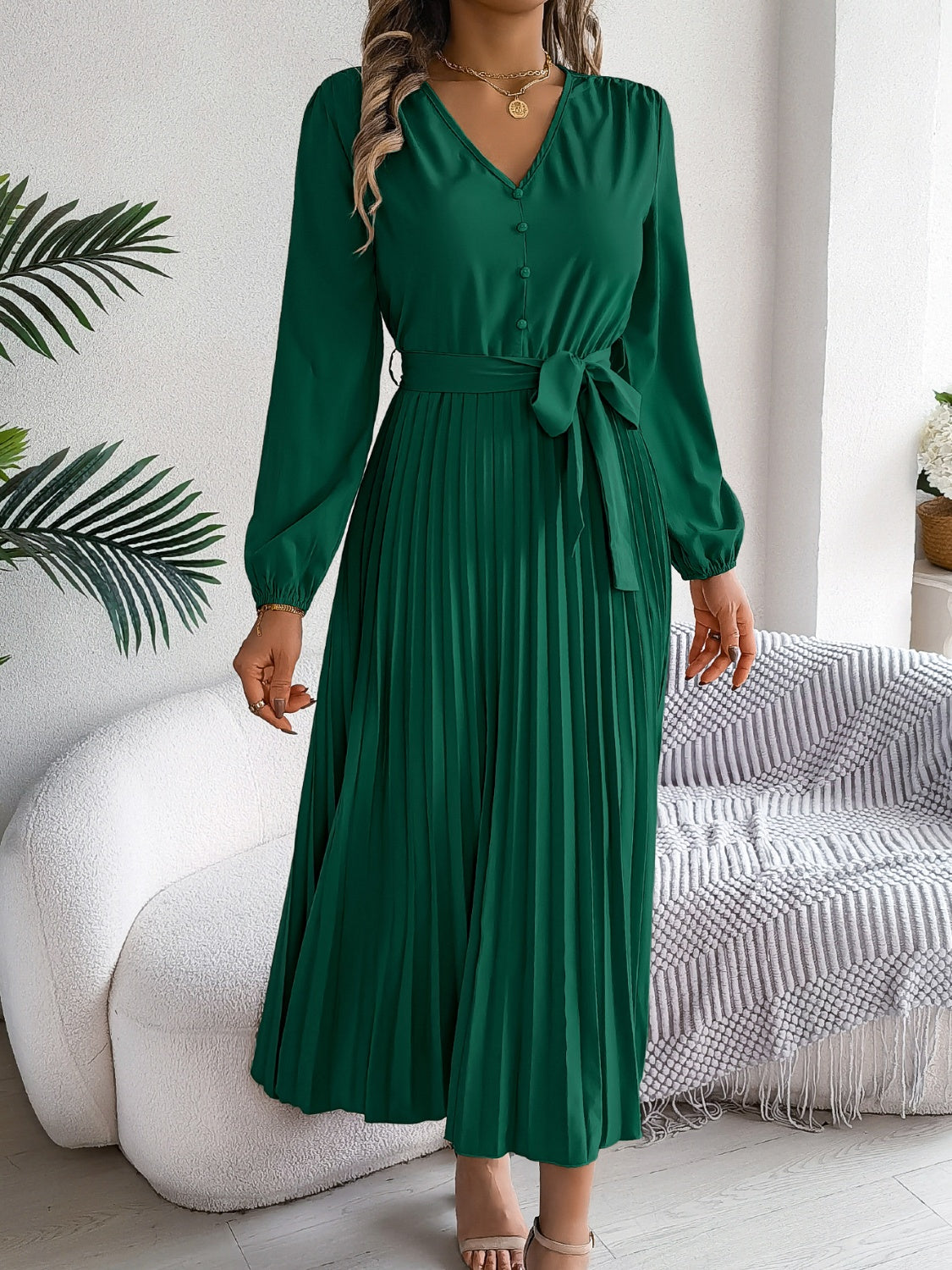 Pleated Tied V-Neck Long Sleeve Dress-TOPS / DRESSES-[Adult]-[Female]-2022 Online Blue Zone Planet