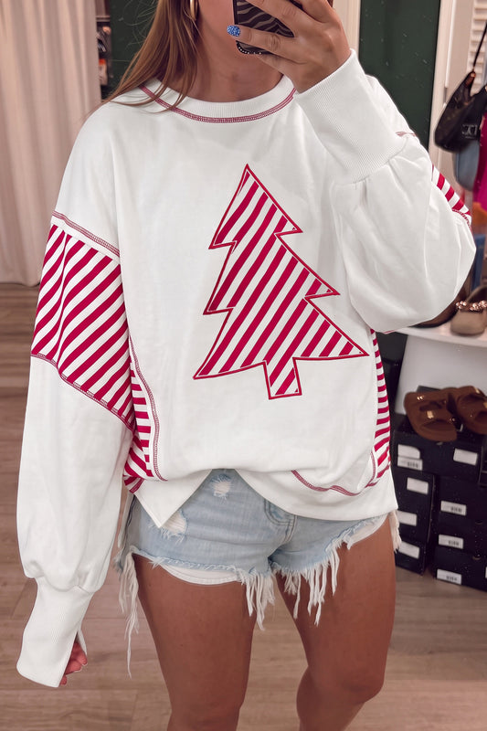 White Striped Contrast Christmas Tree Patchwork Puff Sleeve Top-Tops/Long Sleeve Tops-[Adult]-[Female]-White-S-2022 Online Blue Zone Planet