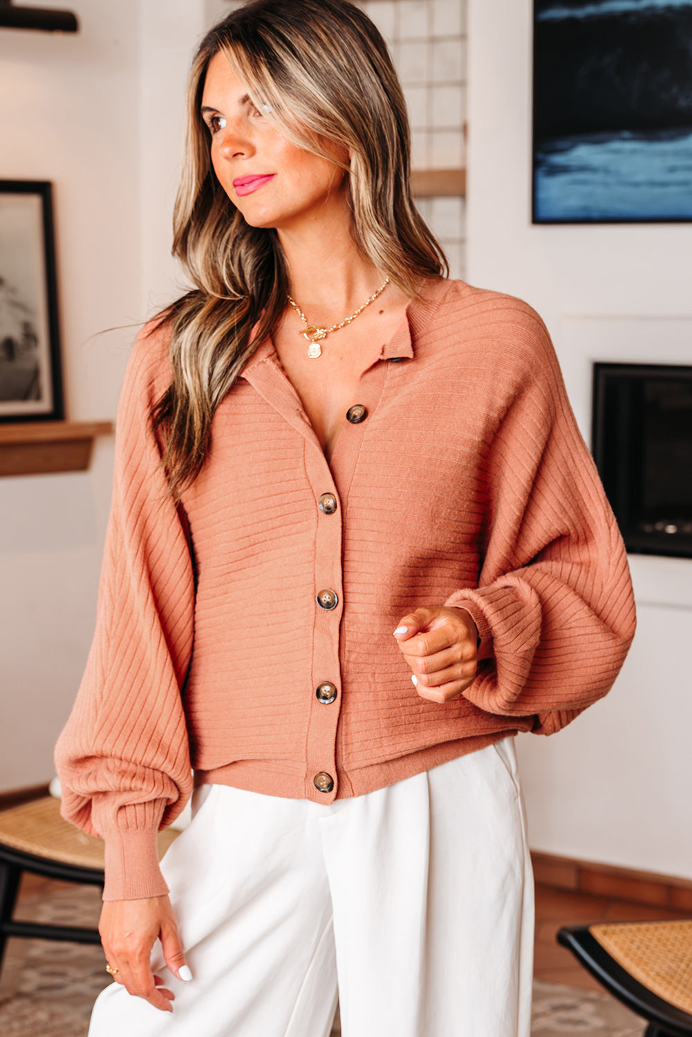 Apricot Pink Wide Rib Knit Button Front Dolman Sleeve Sweater Cardigan-TOPS / DRESSES-[Adult]-[Female]-2022 Online Blue Zone Planet